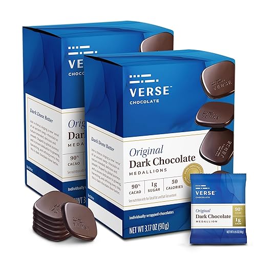 Verse 90% Dark Chocolate Squares - Gluten Free, Keto, Low Sugar Snack - Creamy Dark Cocoa - Only 1g Cane Sugar - Individually Wrapped, Vegan Cacao