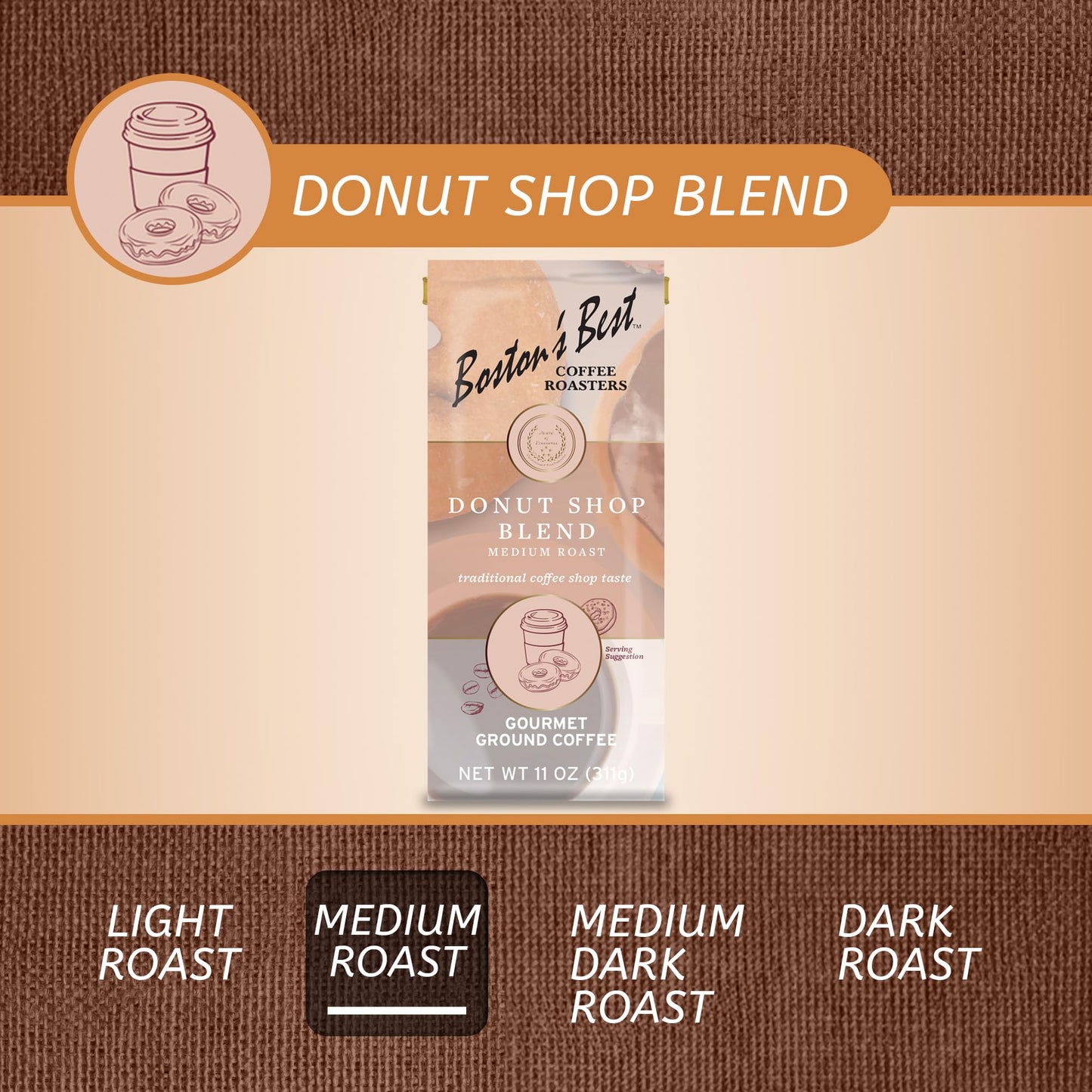 Boston’s Best Coffee - Donut Shop Gourmet Hearty Medium Roast, Premium Ground Coffee, 11 oz. / 311 g Coffee Bag