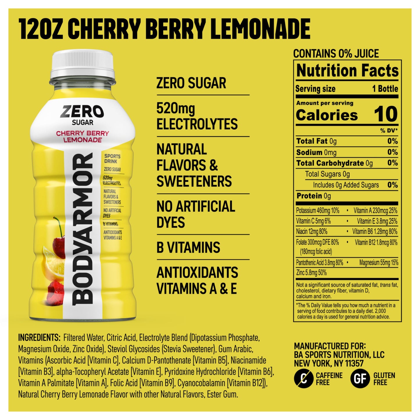 BODYARMOR ZERO Sugar Cherry Berry Lemonade Electrolyte Drink, Natural Flavors, 12 Fl Oz Bottles (8 Pack), B Vitamins & Antioxidants Sugar Free
