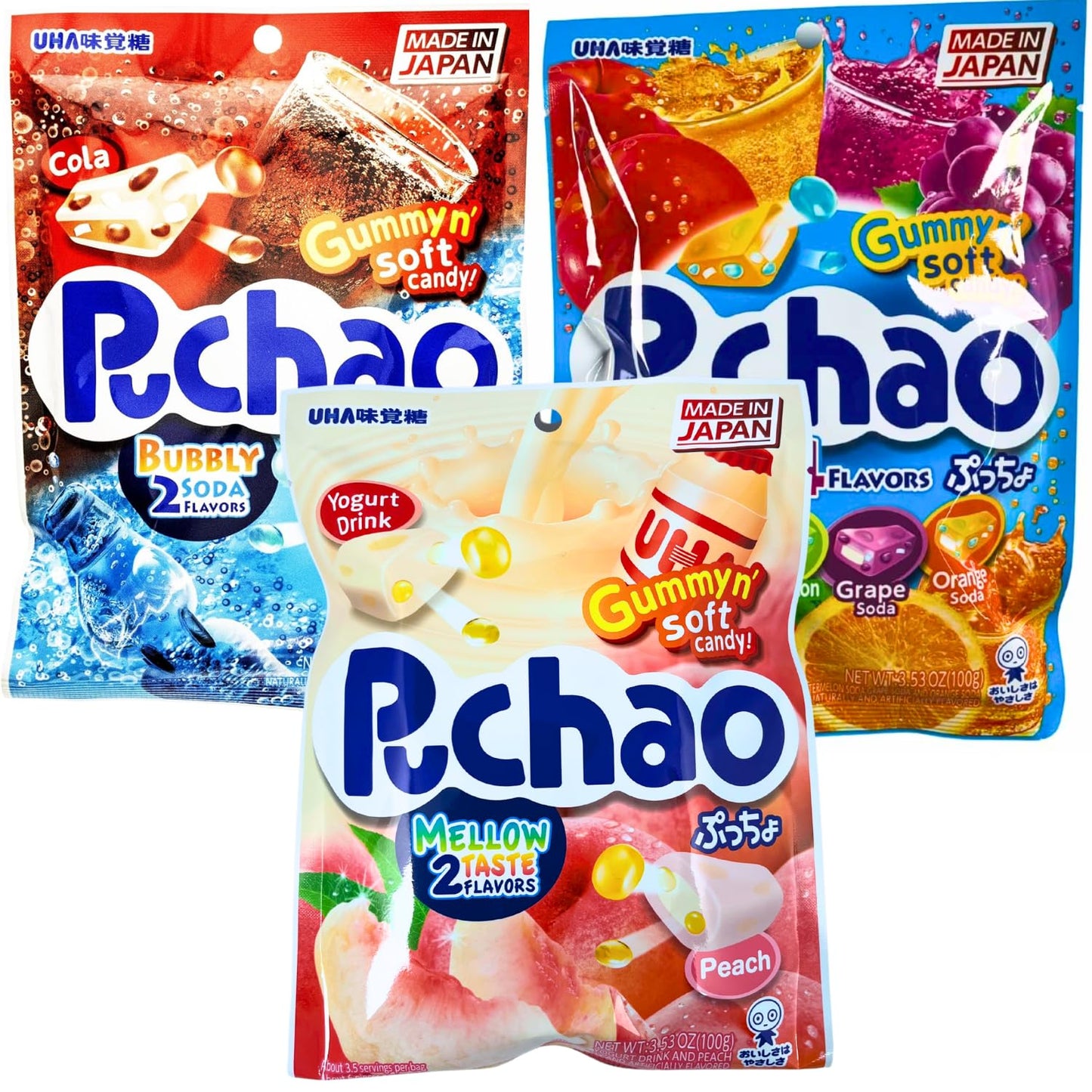 Puchao Gummy n' Soft Candy (3 pack) Fruit Soda(Apple, Watermelon, Grape, Orange), Bubbly Soda (Cola, Ramune Soda), Mellow Taste (Yogurt Drink, Peach)