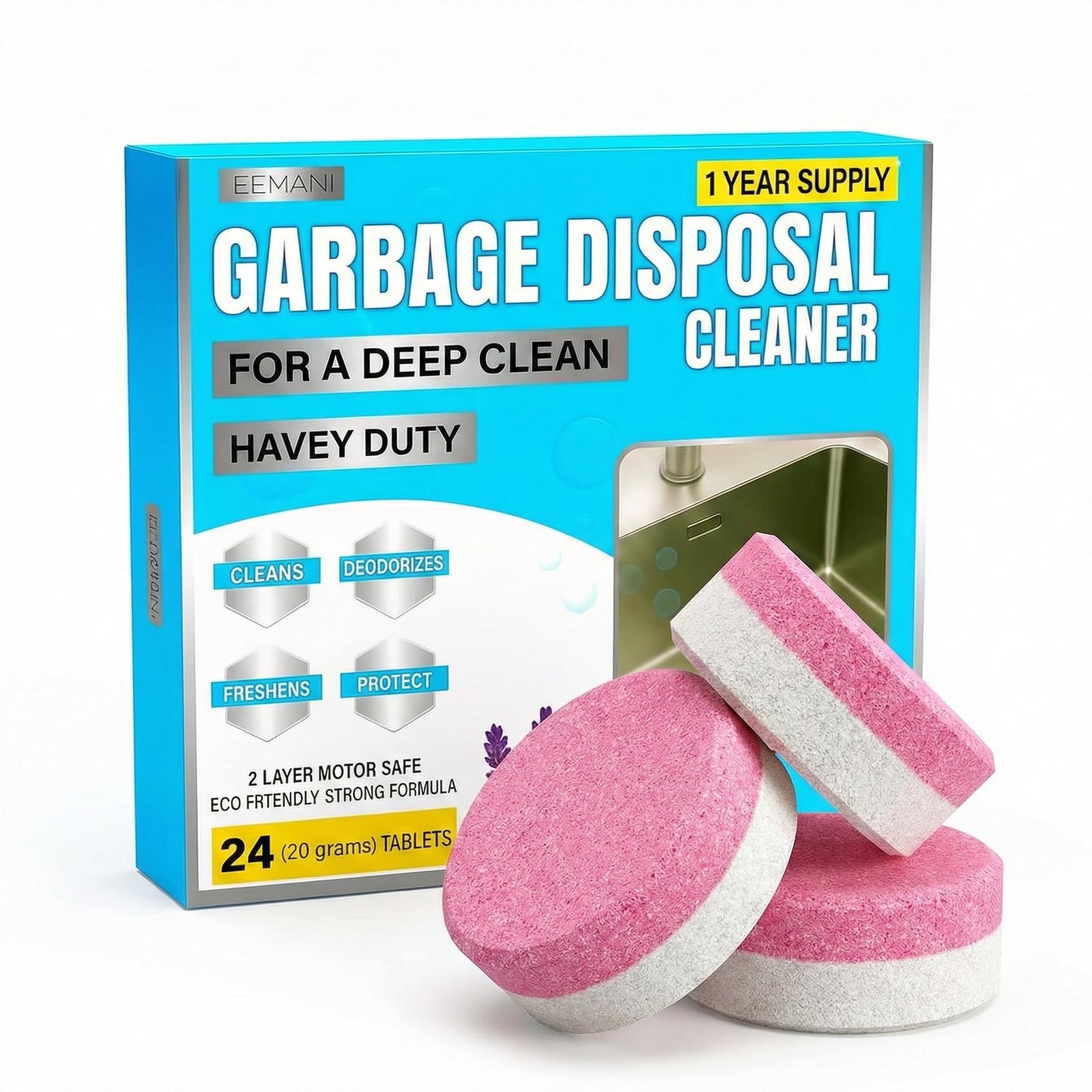 EEMANI Garbage Disposal Cleaner Tablets 24 Pack - 20g Large Foaming Lavender Scent, Sink & Drain Freshener for Kitchen, Deep Cleaning - 1 Year Supply