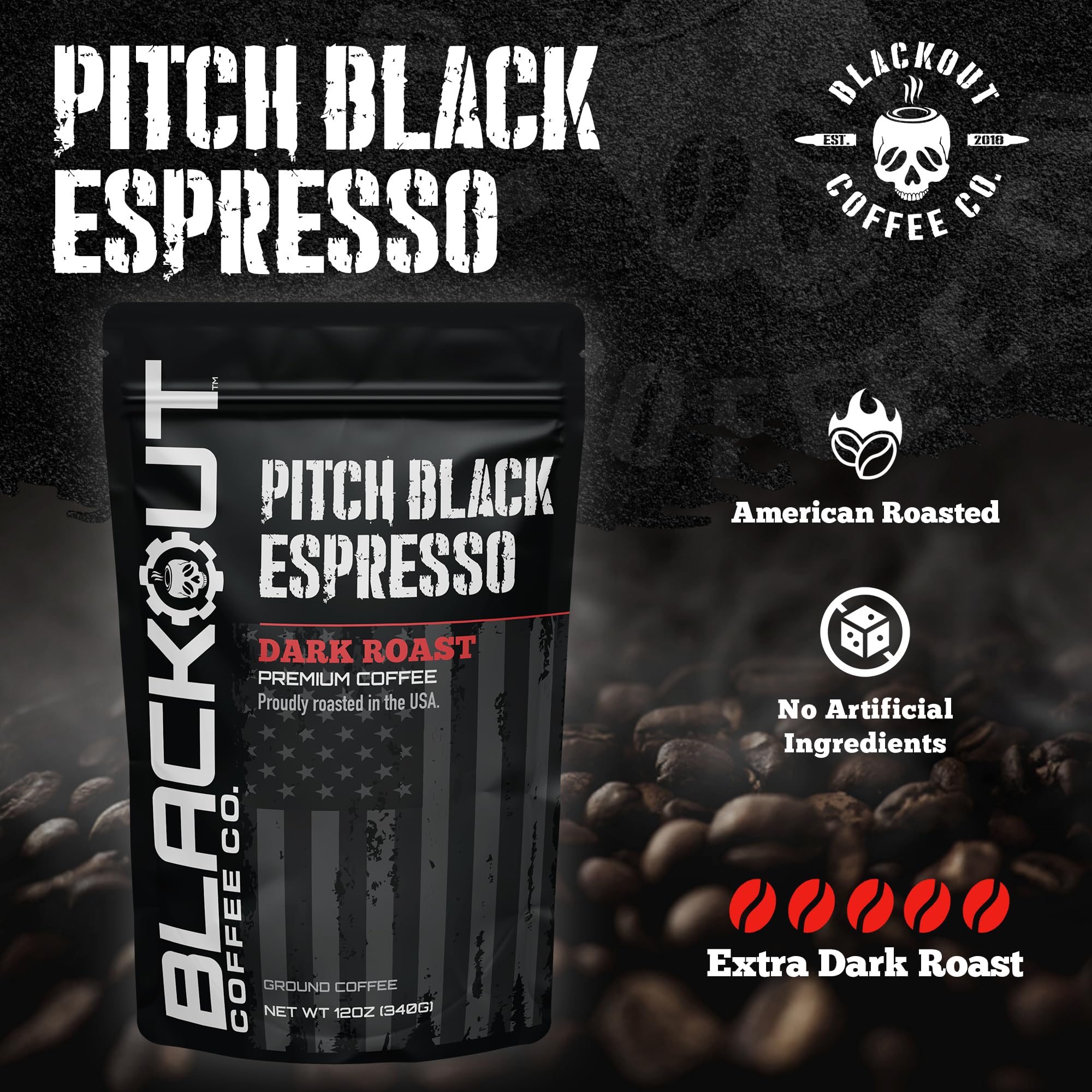 Blackout Coffee Pitch Black Espresso Ground Coffee - Extra Dark Roast, European-Style, Bold & Aromatic - Freshly Roasted 12oz Bag.