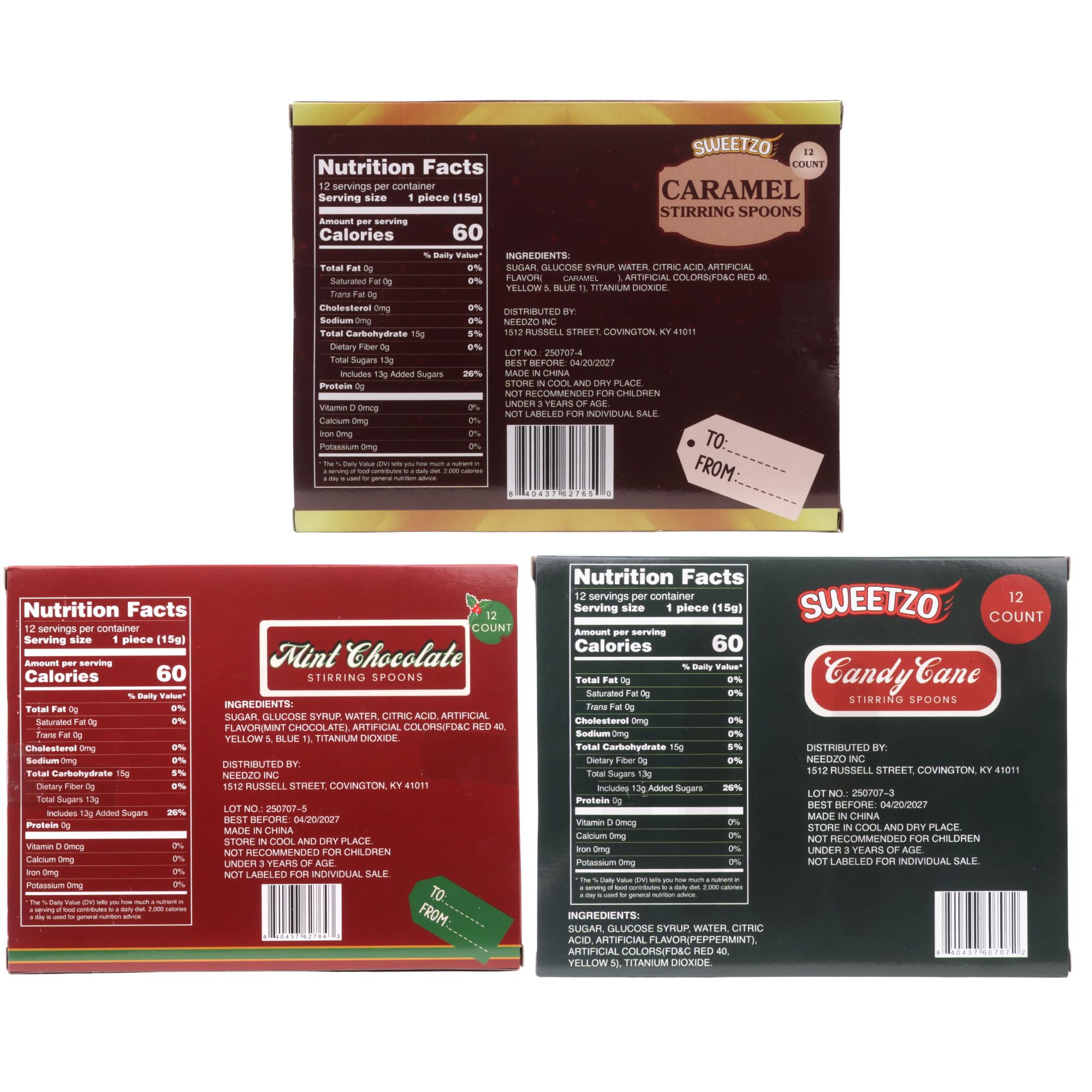 Christmas Candy Spoons Assortment, Peppermint, Caramel, and Mint Chocolate Flavored Stirrers, Hot Cocoa Bar Essentials, 36 Total Pieces (Set of 3)