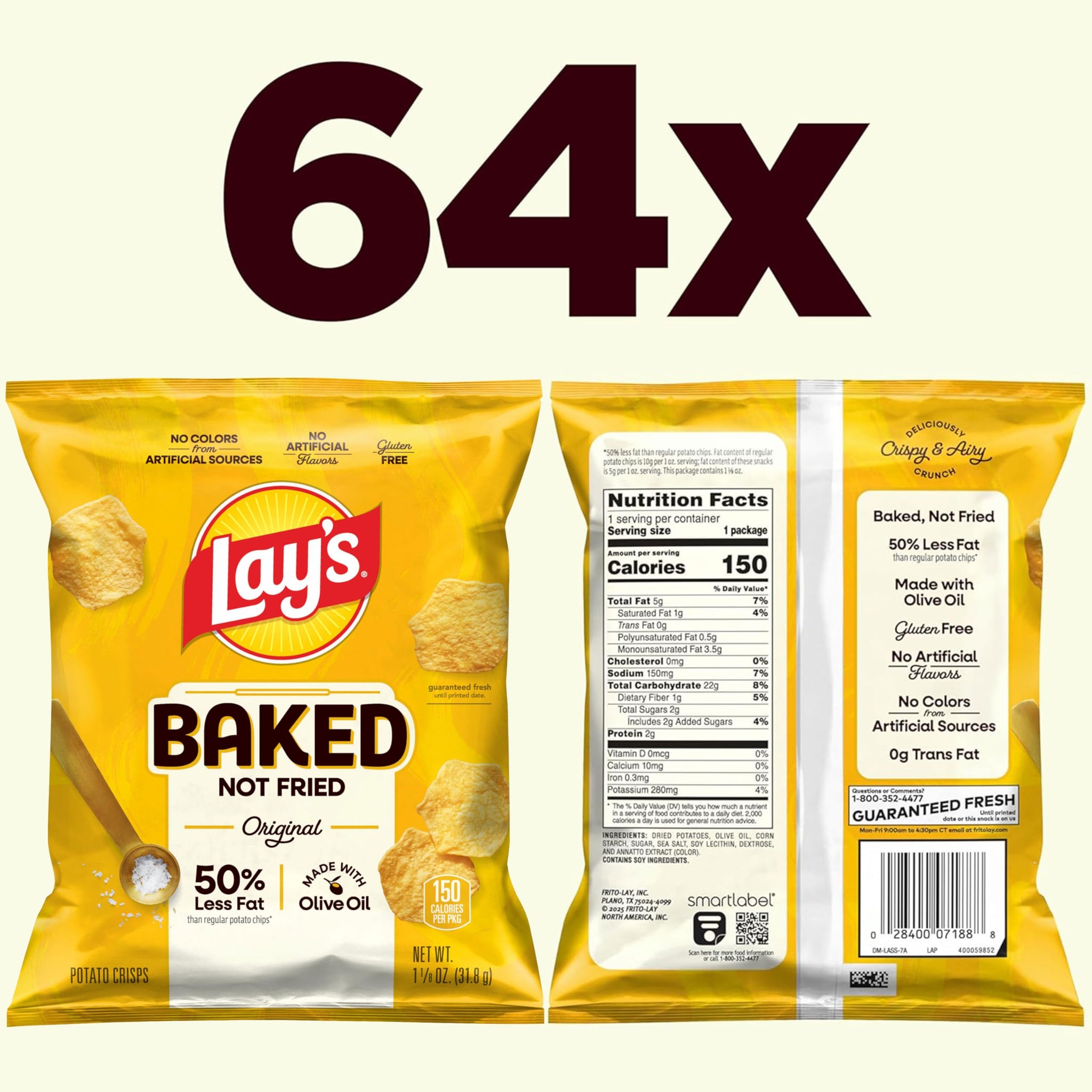 Baked Lay’s Potato Chips, Original, 1.125 oz Bags, (64 Pack), 50% Less Fat, Gluten Free, No Artificial Flavors, No Colors from Artificial Sources