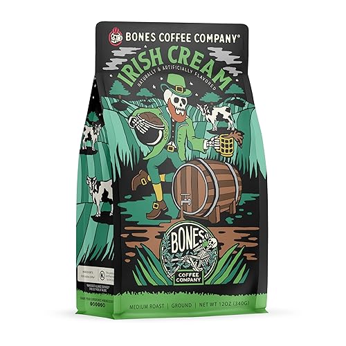 Bones Coffee Company Irish Cream, Creamy Liqueur Flavored Coffee, Medium Roast Low Acid Arabica Beans Compatible with Auto drip and French Press