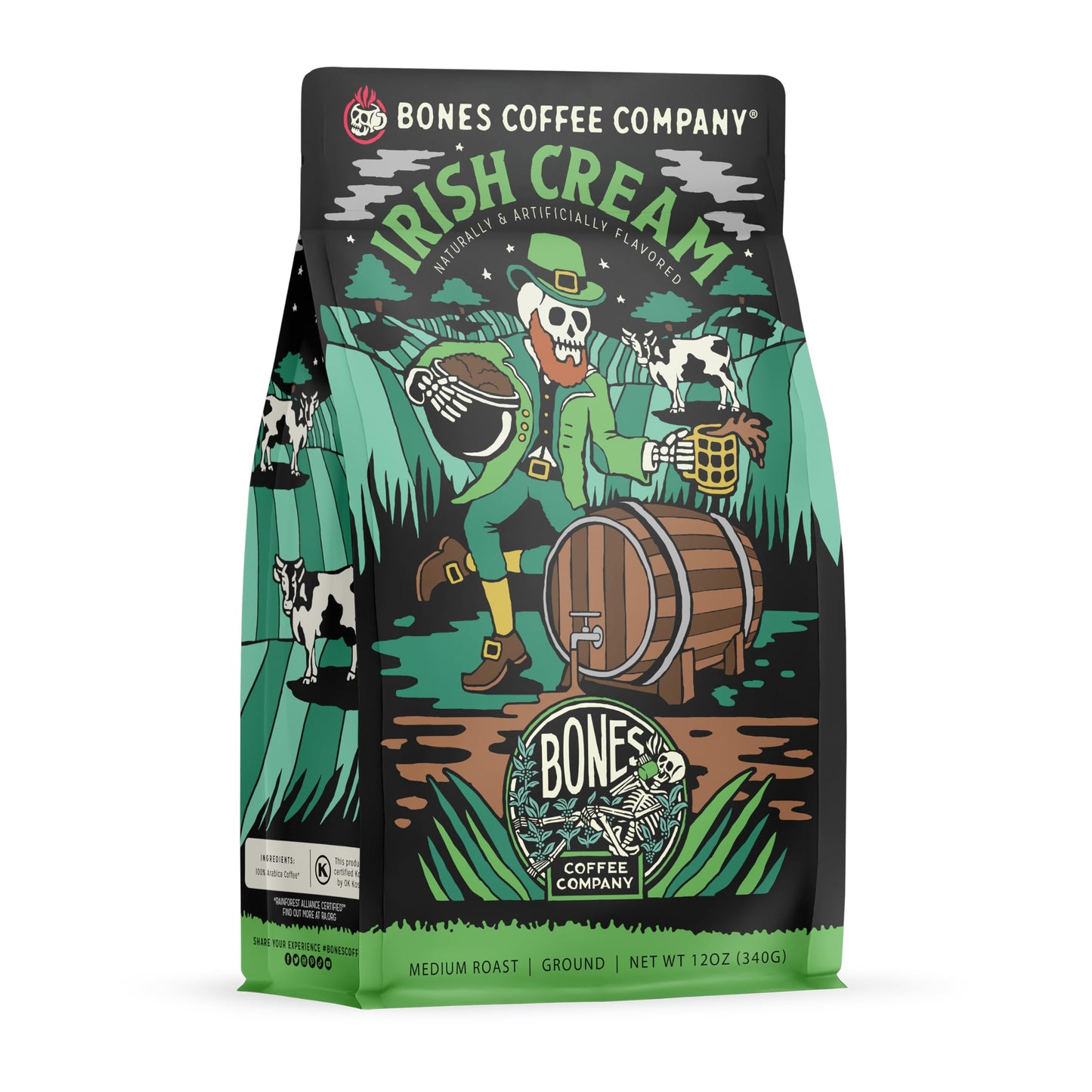 Bones Coffee Company Irish Cream, Creamy Liqueur Flavored Coffee, Medium Roast Low Acid Arabica Beans Compatible with Auto drip and French Press