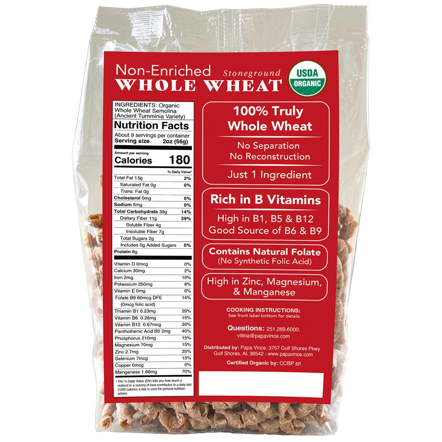 Papa Vince Organic Italian Pasta - Imported Whole Wheat Heirloom Grain from Italy: Non-Enriched, Bronze Die-Cut, High Fiber, Slow Carb, Slow-Dried