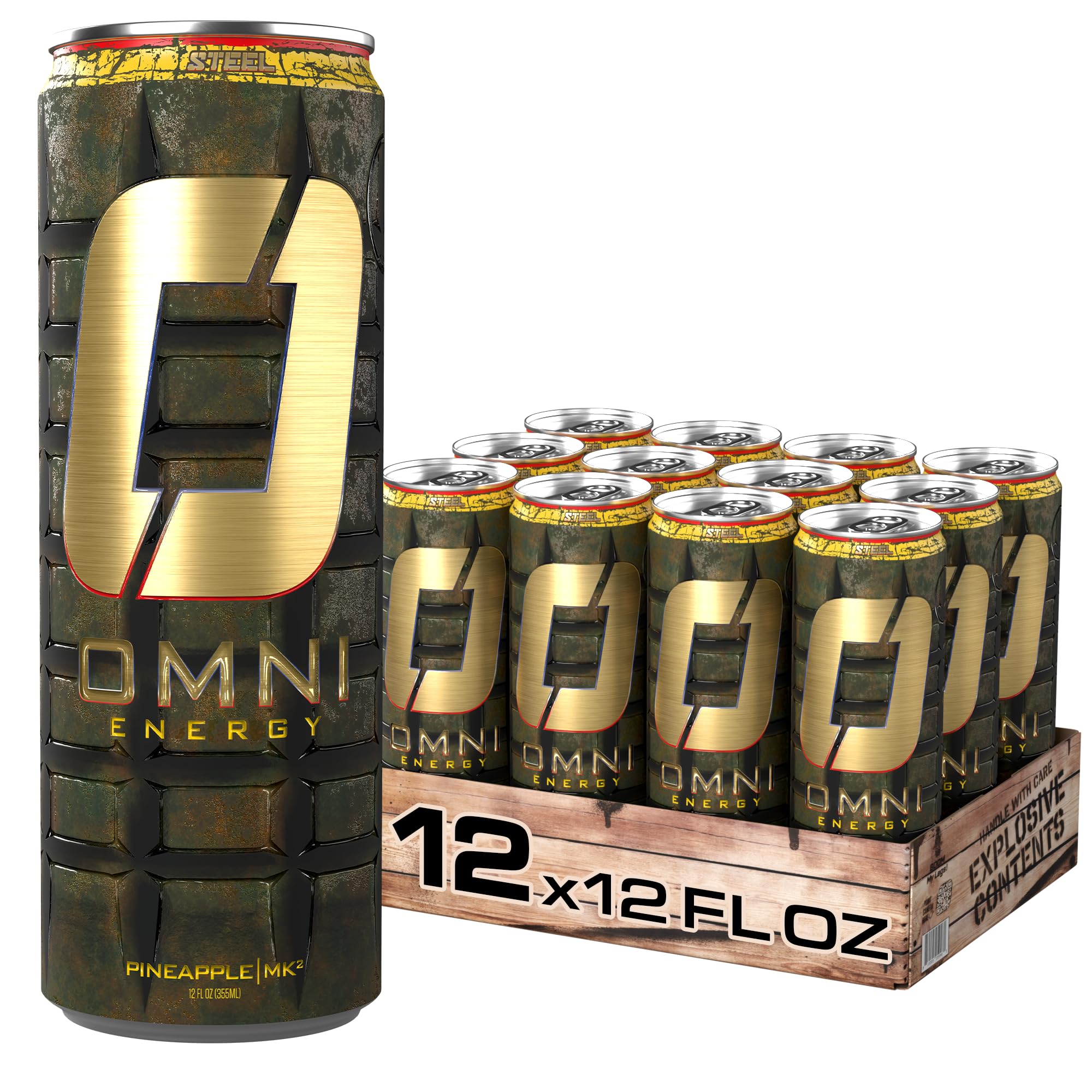 OMNI Energy Drink Pineapple MK2 12 Oz (Pack of 12) | Contains 200mg Clean Caffeine, B Vitamins | Sugar-Free, Low Calorie, Energy Drink for All-Day