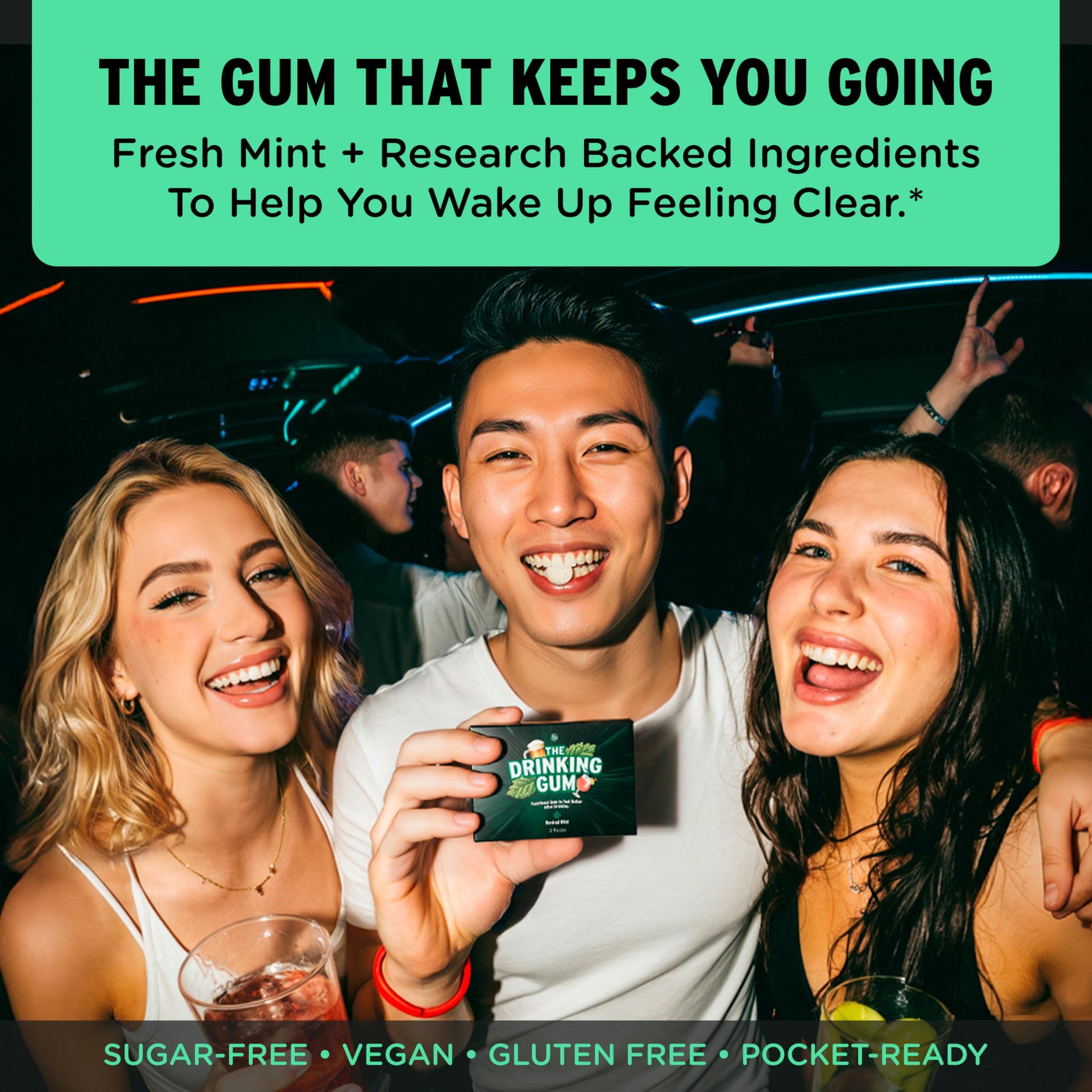 SuperBonsai The Drinking Gum - Revival Mint, Functional Chewing Gum with DHM and B Vitamins B3 B6 B12, Cool Mint Flavor for Nights Out, Celebrations