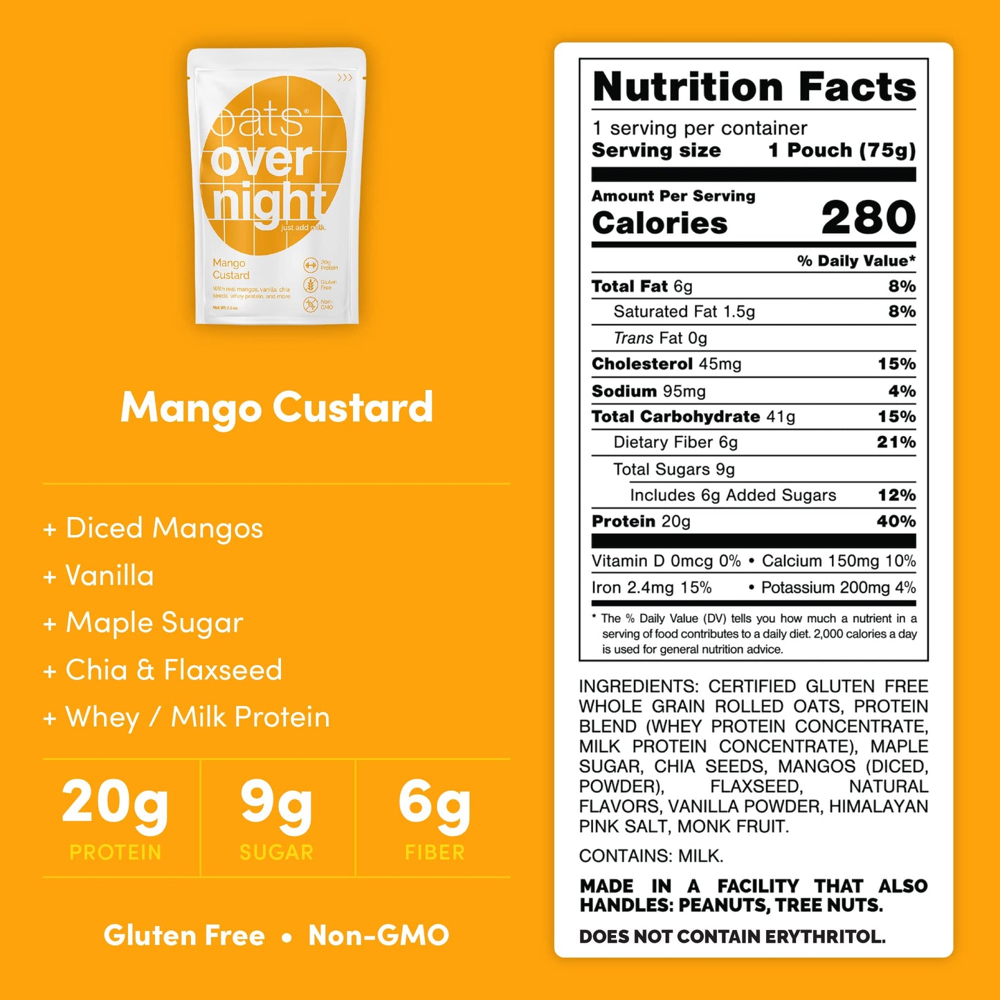 Oats Overnight Mango Custard - Overnight Oats with 20g Protein, High Fiber Breakfast Protein Shake - Gluten Free Oatmeal, Non GMO High Protein Oatmeal