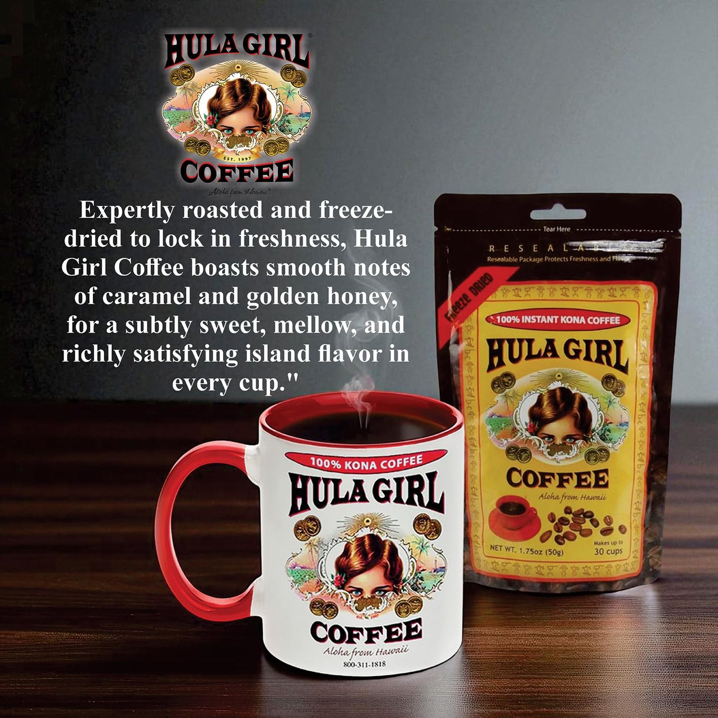 KONA COFFEE 100% - Premium Freeze Dried Instant - Low Acid - Medium Roast Arabica, 1.5oz (1 Pack | 25 Servings) KONA COFFEE 100% - Low Acid Coffee