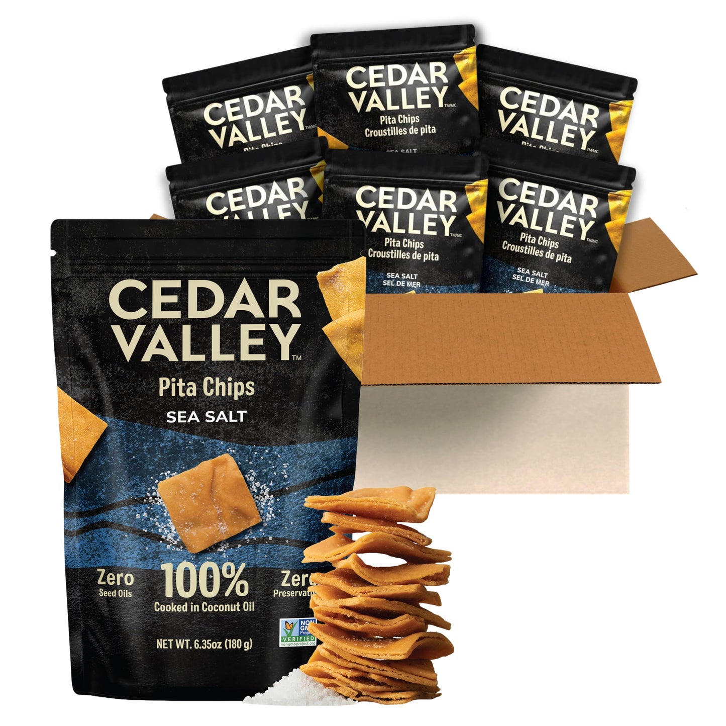 Cedar Valley Pita Chips Sea Salt | 180g (Pack of 6) | Seed Oil Free, Cooked in 100% Coconut Oil | Crisp, Golden & Flaky | No Preservatives, Non-GMO