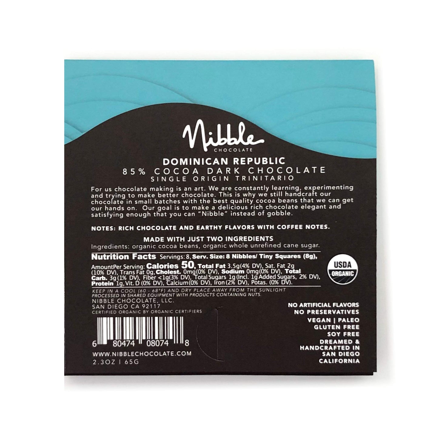 Nibble Chocolate Dominican Republic 85% | 3 Pack | Certified Organic | Gluten & Soy Free | 2 Ingredients