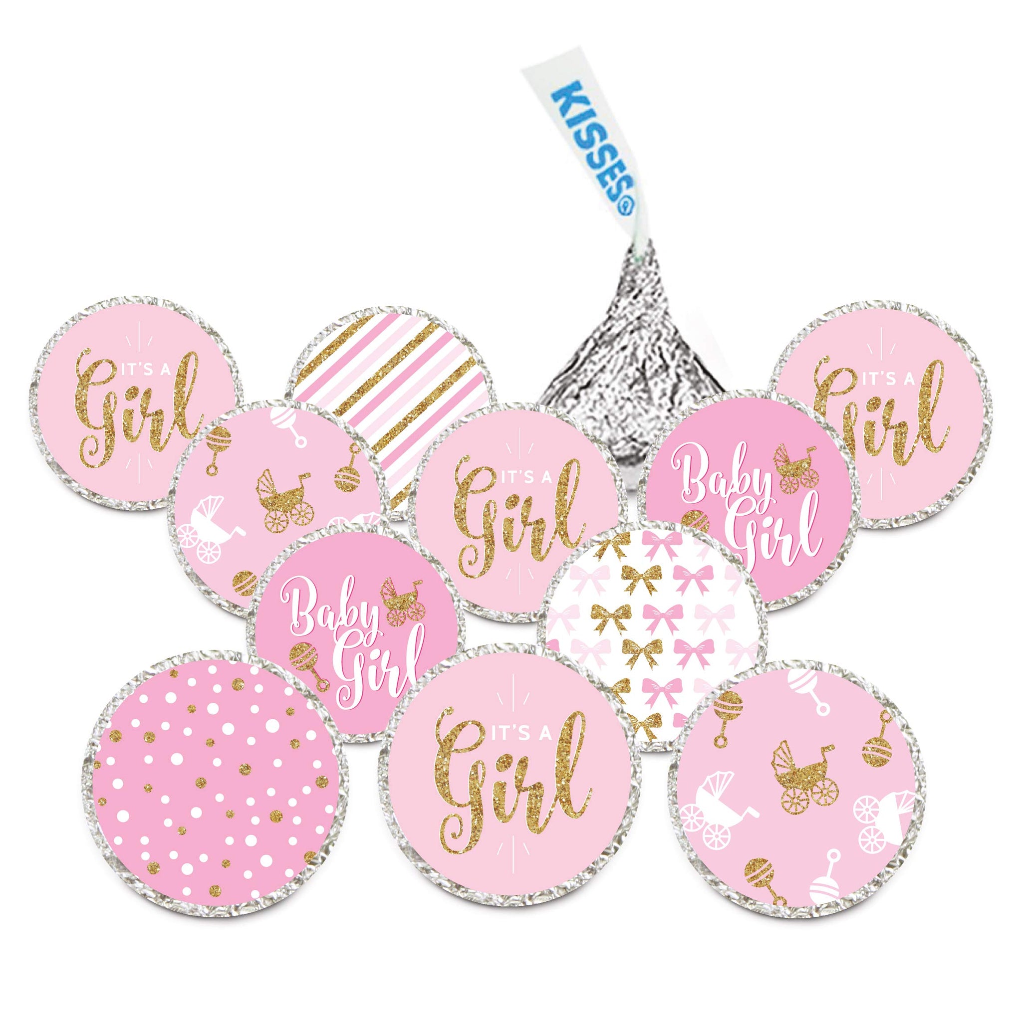 Andaz Press Chocolate Drop Labels Trio, Fits Kisses, Ultimate Girl Baby Shower Collection, Pink and Gold Glitter, 216-Pack