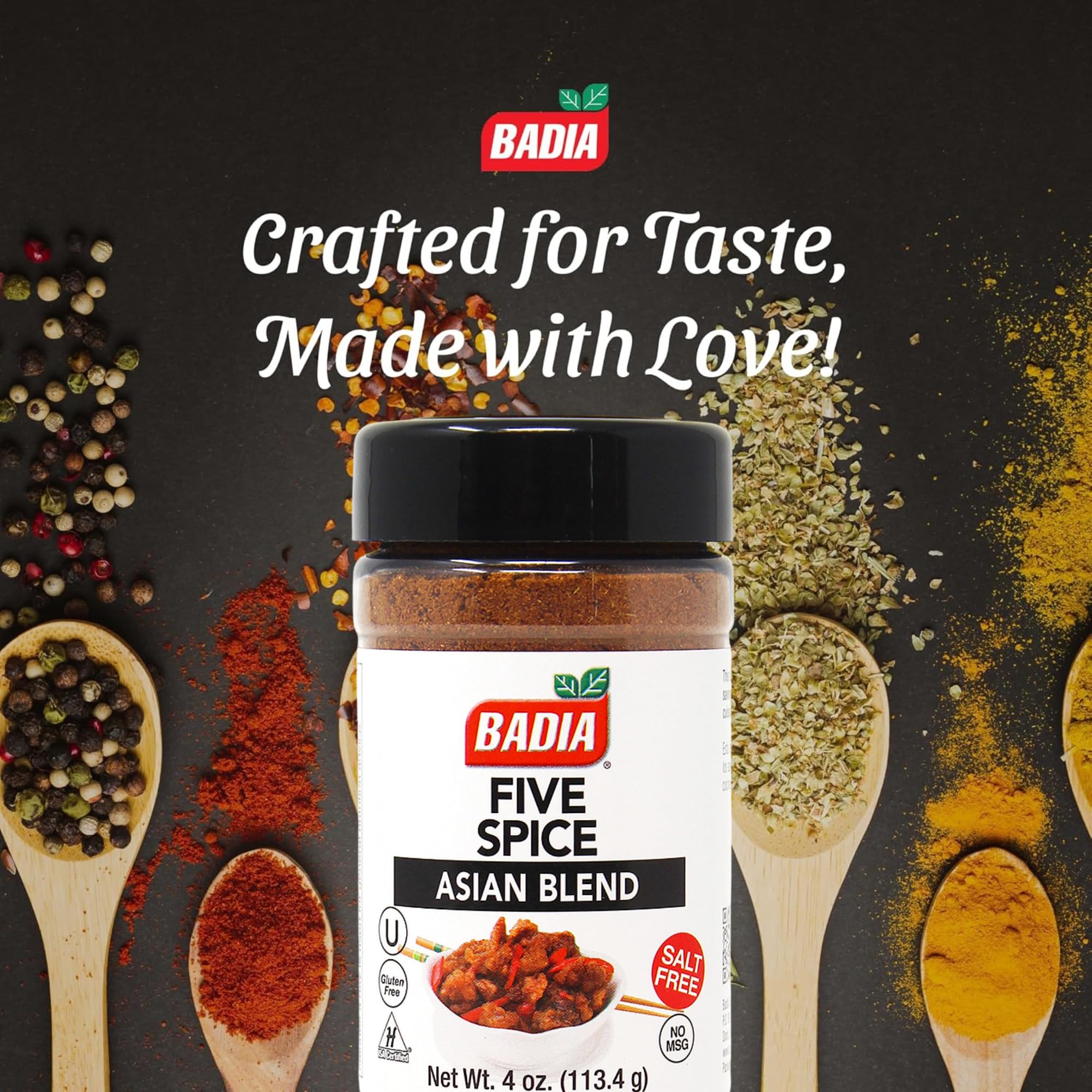 Badia Five Spice Asian Blend, 4 oz - Sweet Aromatic Flavor - Asian Fusion Blend of Anise, Cloves, Cinnamon, Fennel & Ginger, No Salt, Gluten Free