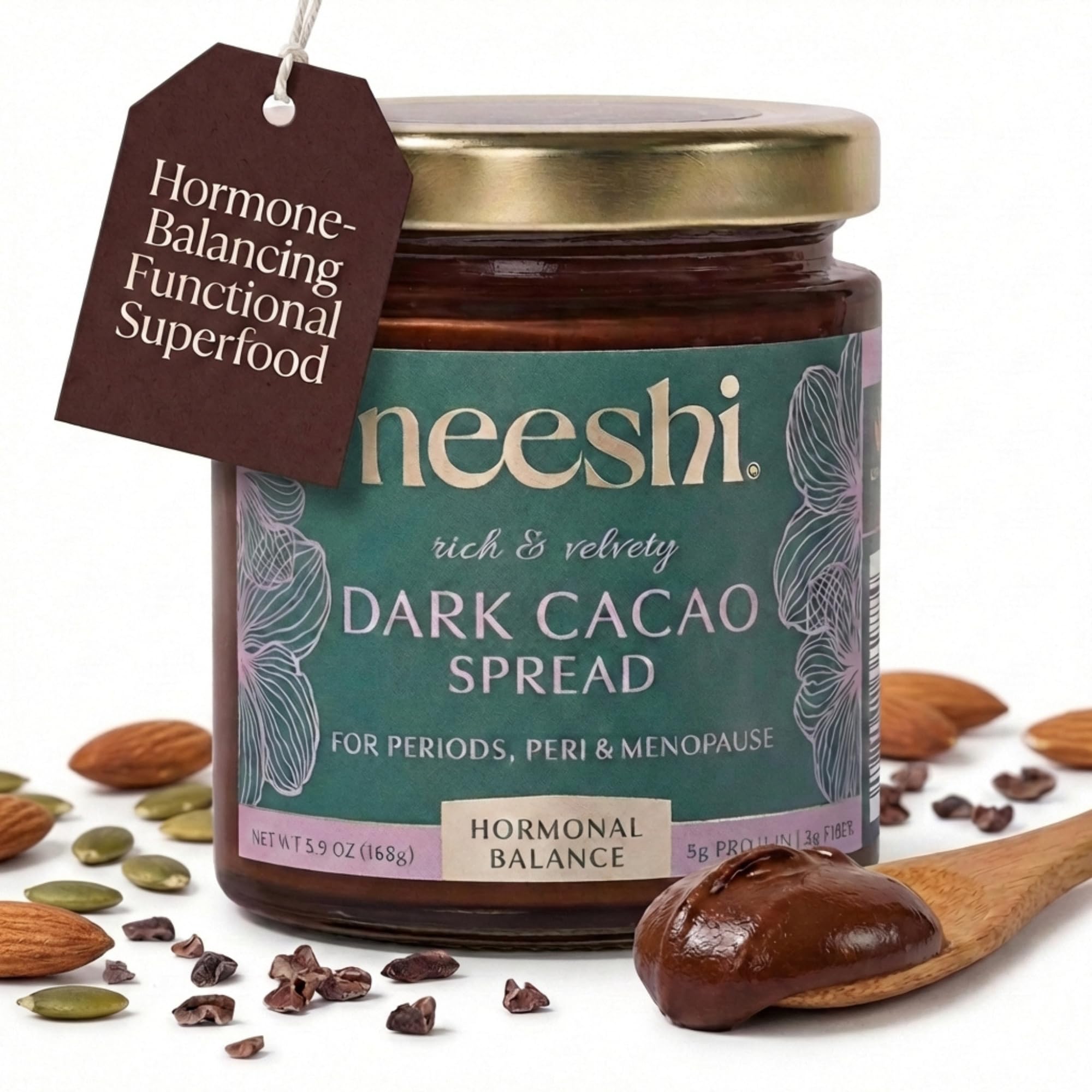 NEESHI Hormone Balancing Dark Cacao Spread for Women - Bloating Relief & Menopause Support - Low Sugar, Vegan, Gluten-Free, All Natural Superfood