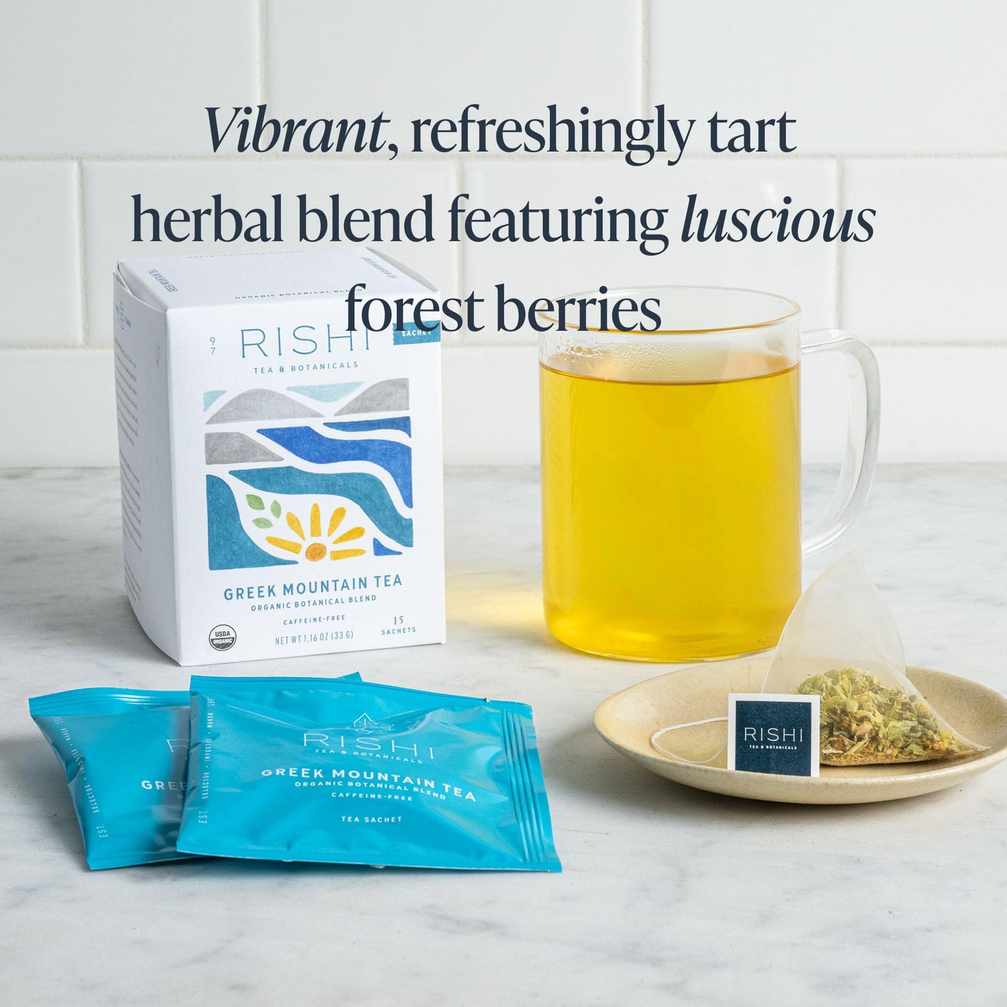 Rishi Tea Greek Mountain Tea Herbal Tea - Organic, Caffeine Free Sachet Tea Bags, Sleep Friendly, Fortifying Botanical Blend with Ironwort - 15 Count