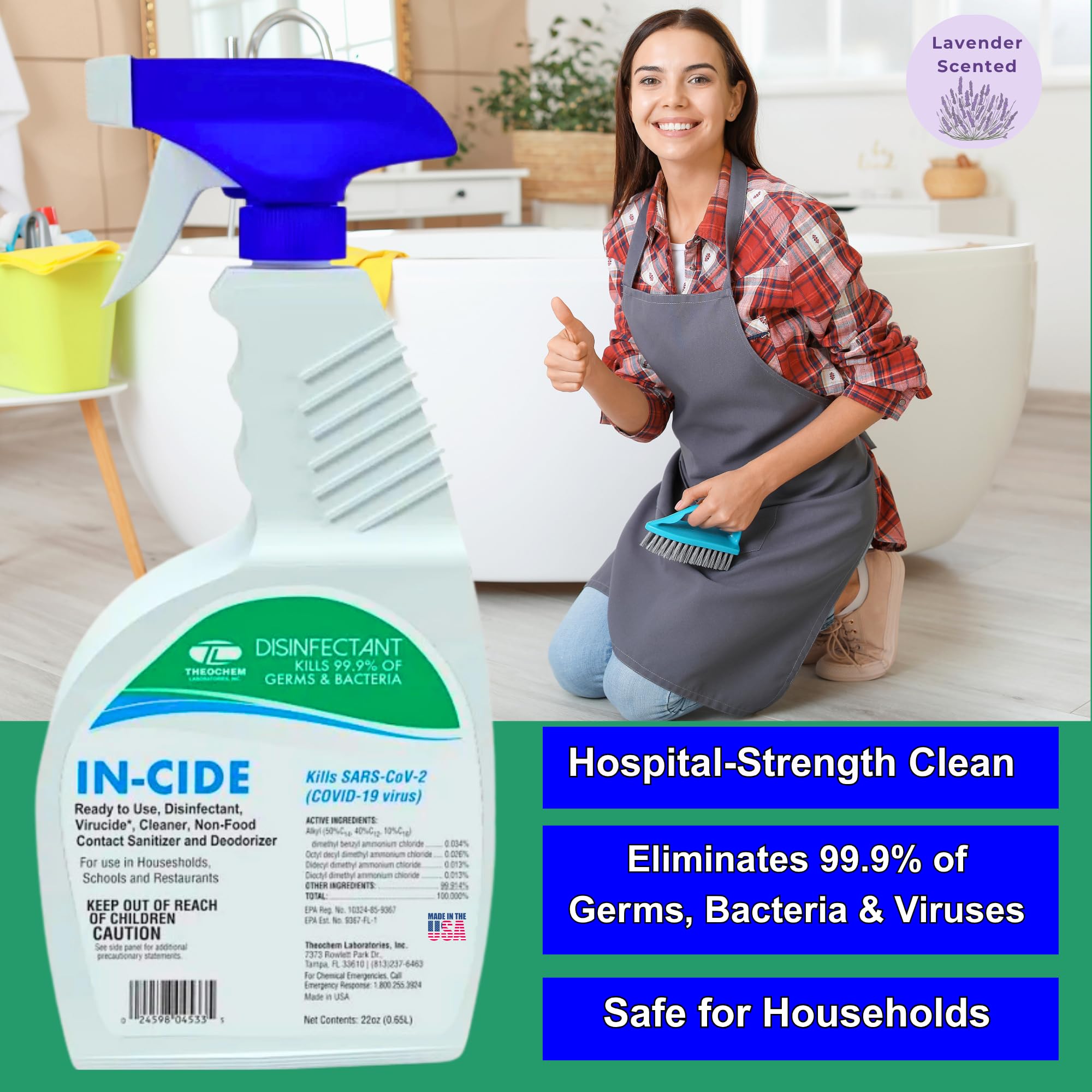 Theochem In-Cide EPA Registered Disinfectant Spray - Kills 99.9% of Germs, Mold, Mildew and MRSA - Multi-Surface Cleaner for Home, School & Hospital