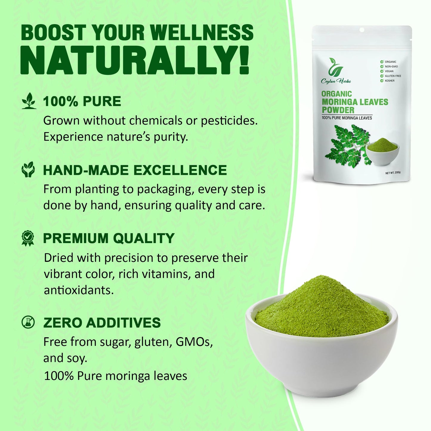 100g Moringa Leaves Powder Oleifera Leaves Drumstick Tree Leaves Well-Cleaned 100% Pure, Dried and Ground Leaf Powder for Cooking, Smoothies, and Teas
