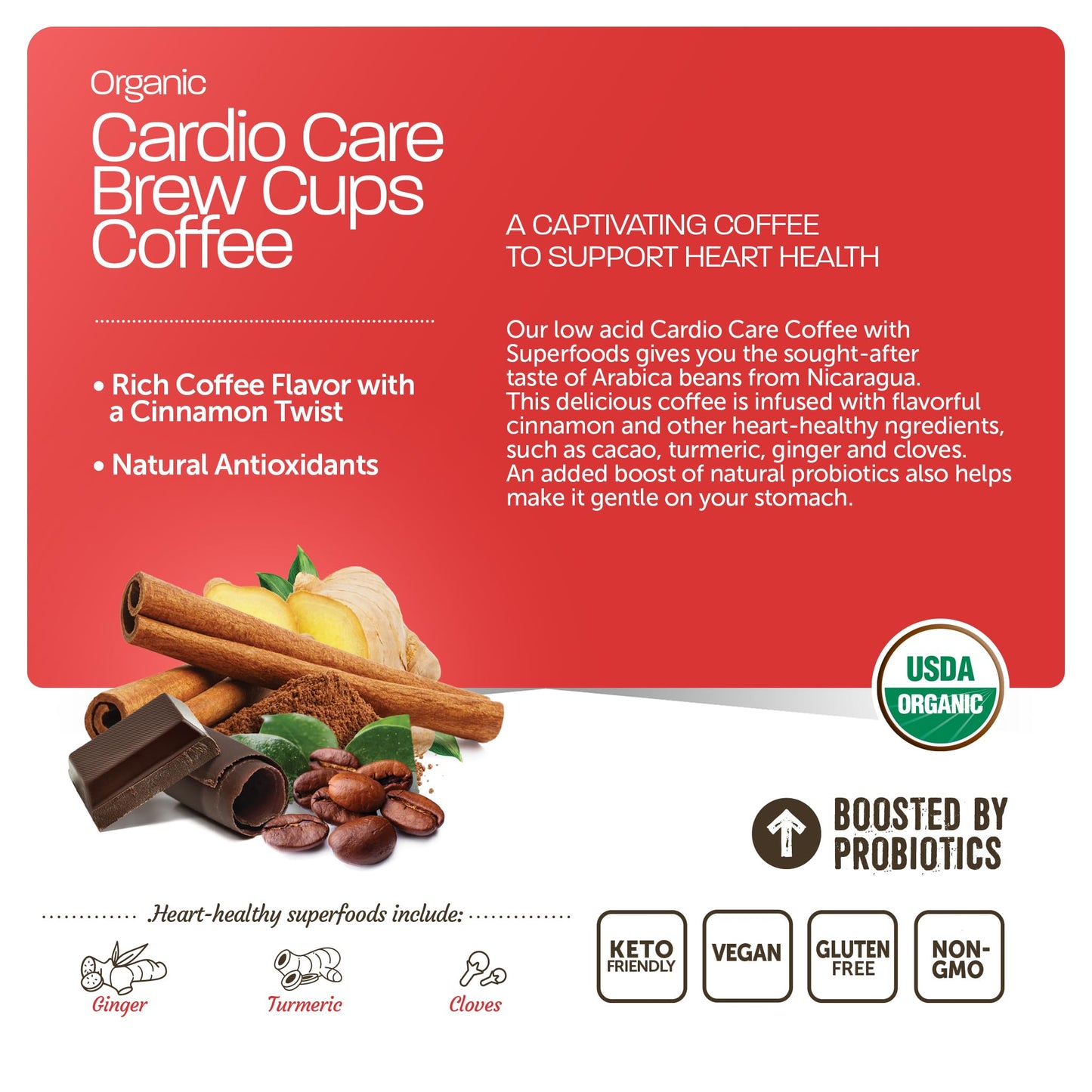 Cardio Care Organic Coffee Pods - Probiotic Coffee with Cacao, Ginger, Turmeric & Cinnamon - Healthy Superfood, Mold Free, Vegan, Gluten Free