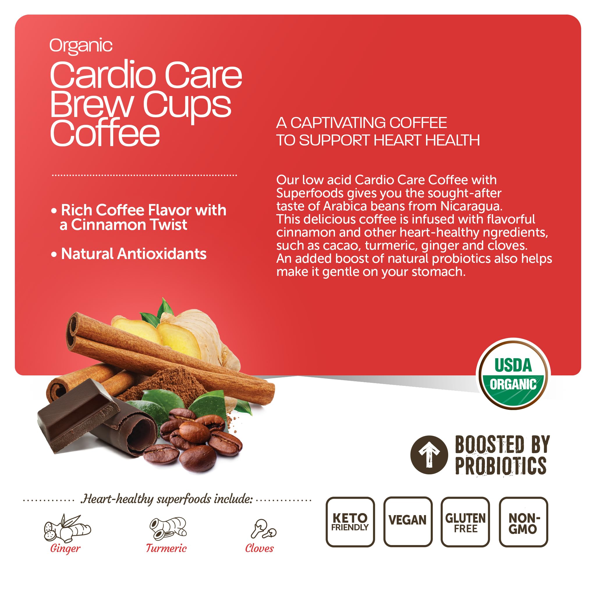 Cardio Care Organic Coffee Pods - Probiotic Coffee with Cacao, Ginger, Turmeric & Cinnamon - Healthy Superfood, Mold Free, Vegan, Gluten Free