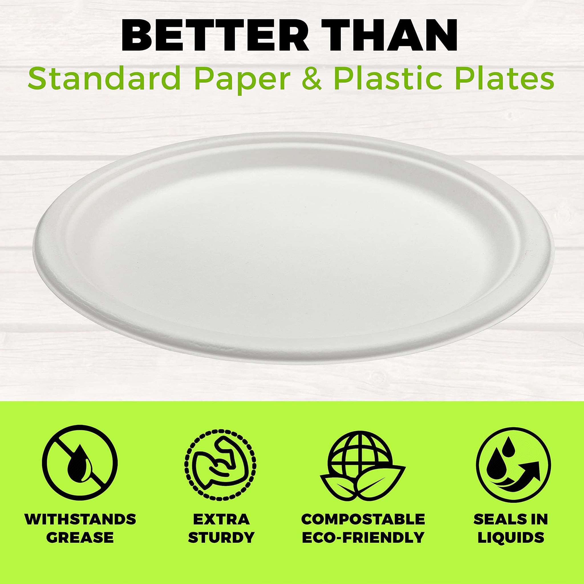 NYHI 125 Pack Compostable 10 Inch Heavy Duty Paper Disposable Plates Bulk For Adults Kids White Sugarcane Plates Cut Leak Resistant Compostable