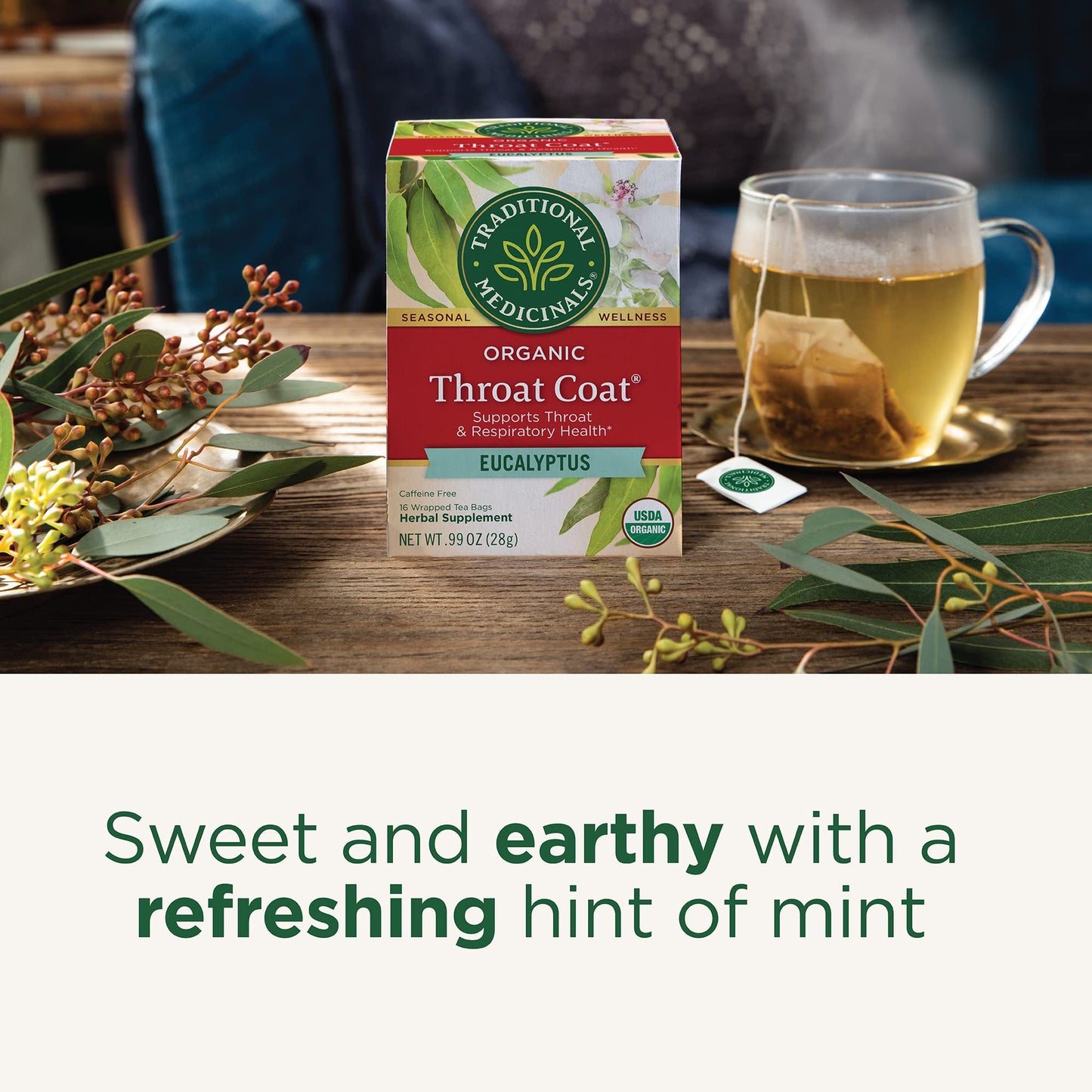 Traditional Medicinals Organic, Throat Coat Tea, Eucalyptus & Slippery Elm - Supports Respiratory and Throat Health - Kosher, Non-GMO, Caffeine-Free