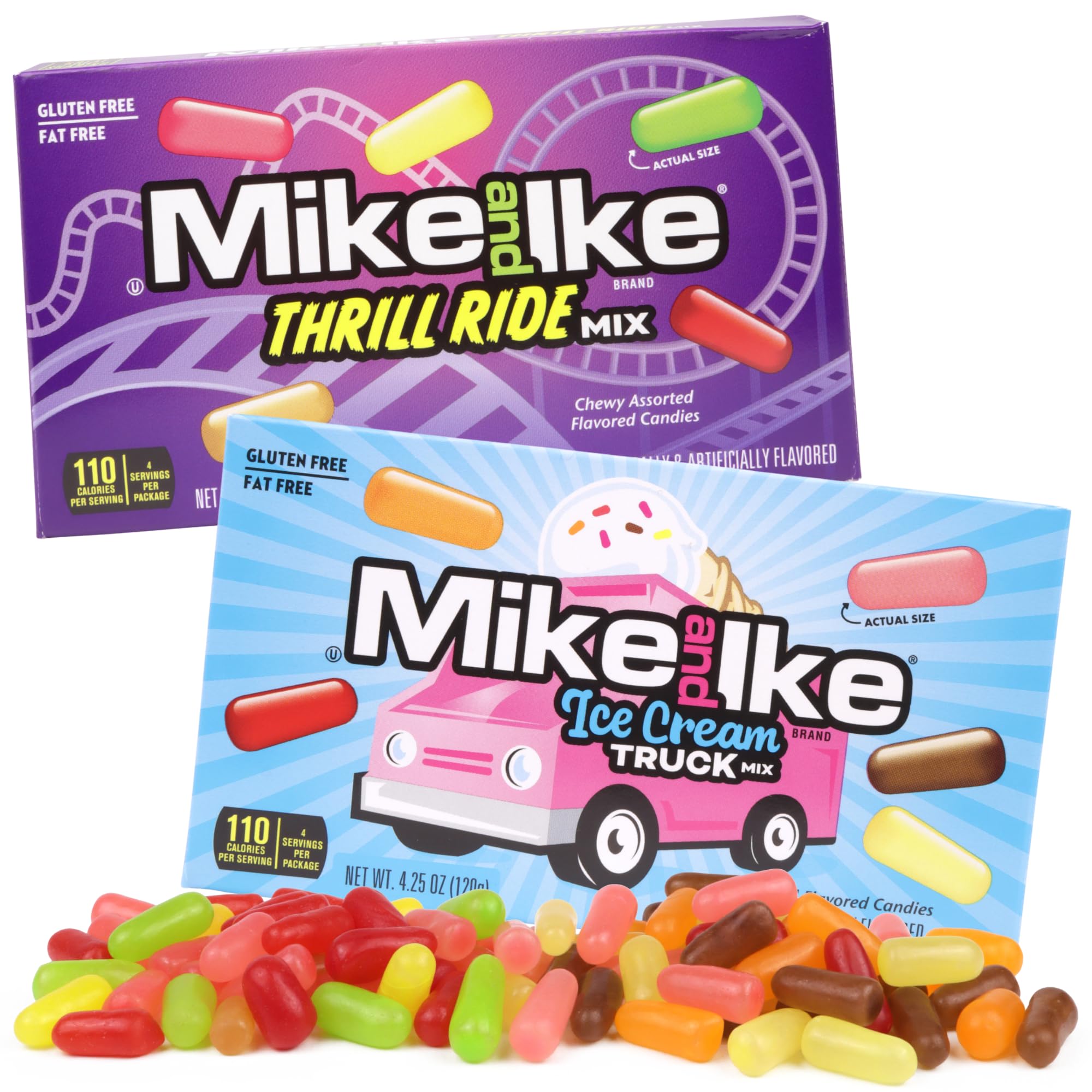 Mike and Ike Ice Cream Truck and Thrill Ride Mix Theatre Boxes, Assorted Chewy Candies, Movie Night Treats, 4.25 Ounces (Pack of 2)