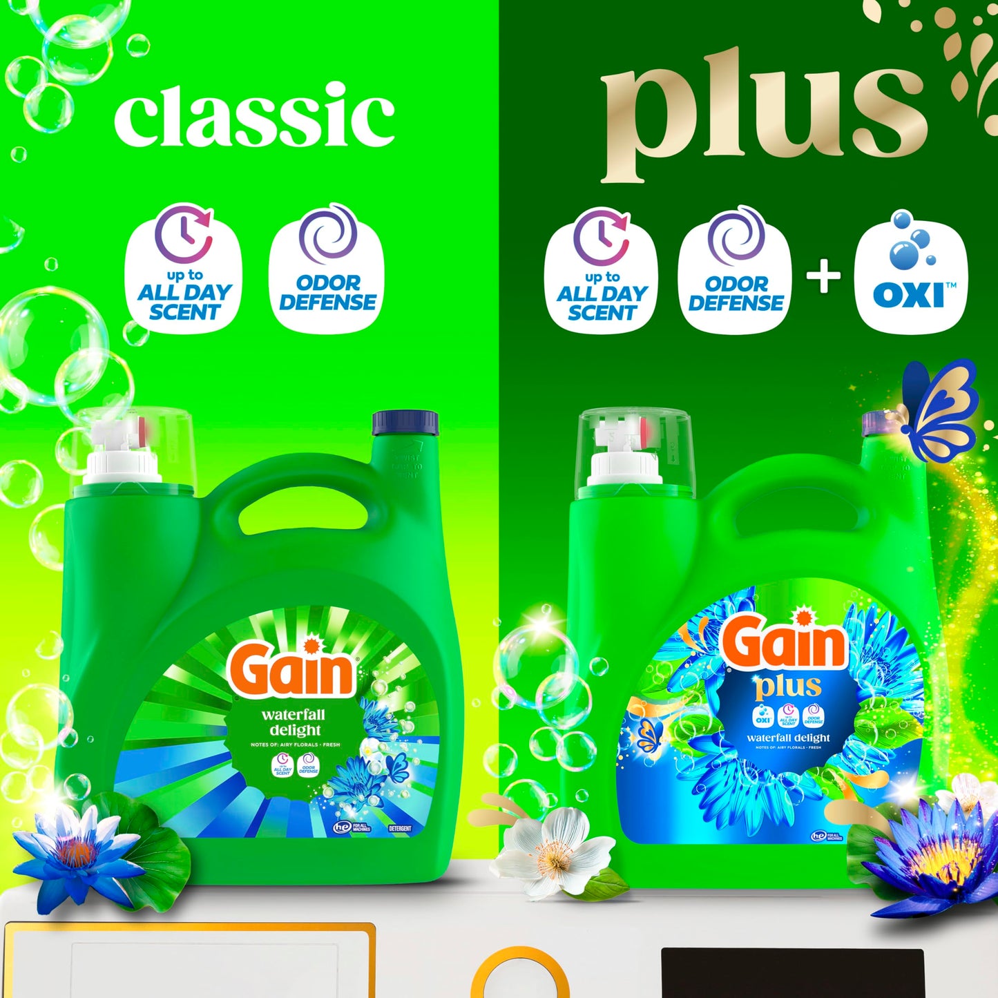 Gain Plus Liquid Laundry Detergent, Cleaner, Fresher, Now with Oxi, Waterfall Delight Scent, 170 fl oz, 129 Loads