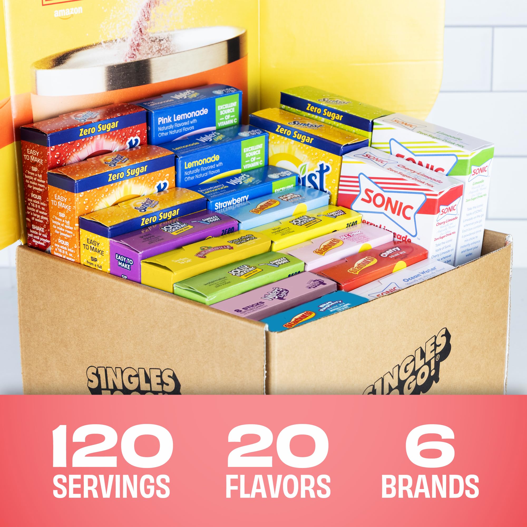 Singles To Go! 120ct Bulk Variety Pack - 20 Different Flavors from Skittles, Sonic, Sunkist, Starburst and More - Sugar Free Drink Mix Packets - Sugar