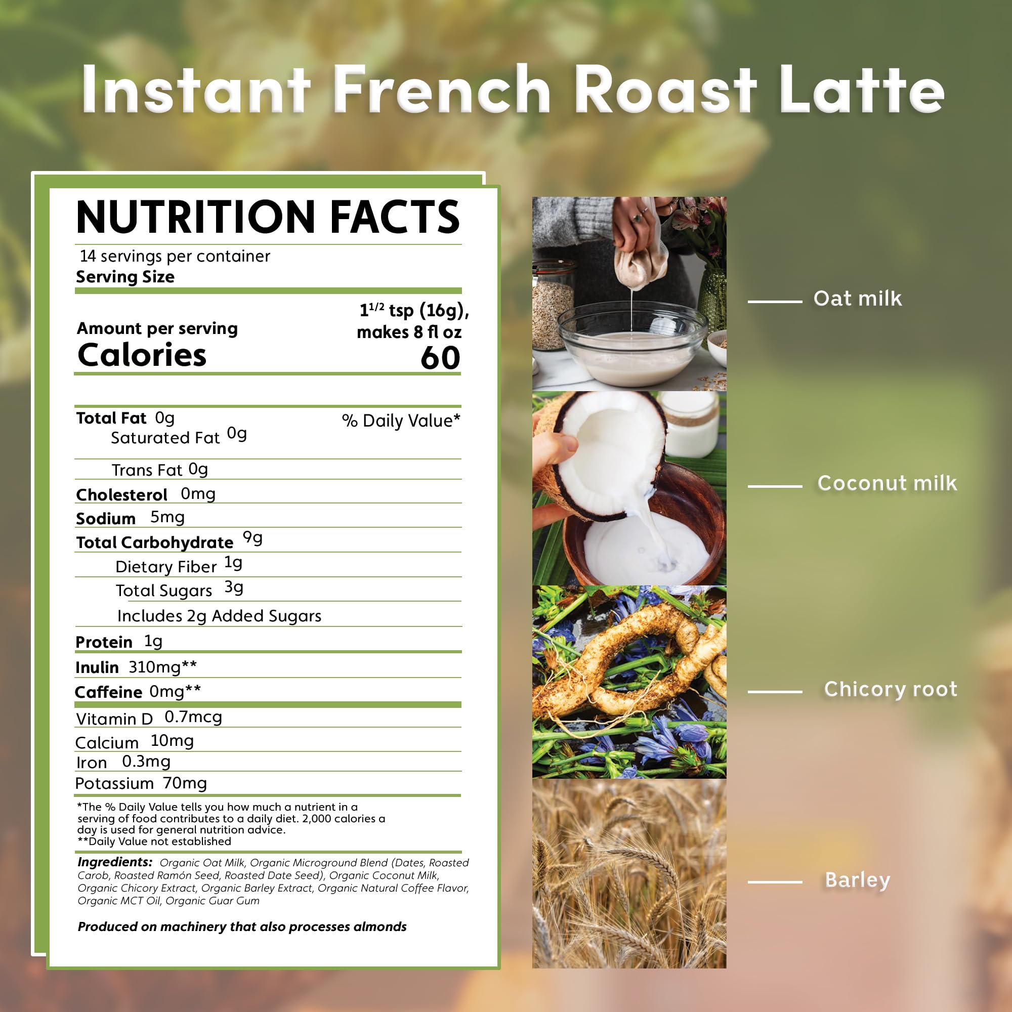 Teeccino Organic Instant French Roast Herbal Latte - 14 Servings - Creamy Oat & Coconut Latte Plus MCT Oil with a Bold, Coffee-Like Blend of Roasted