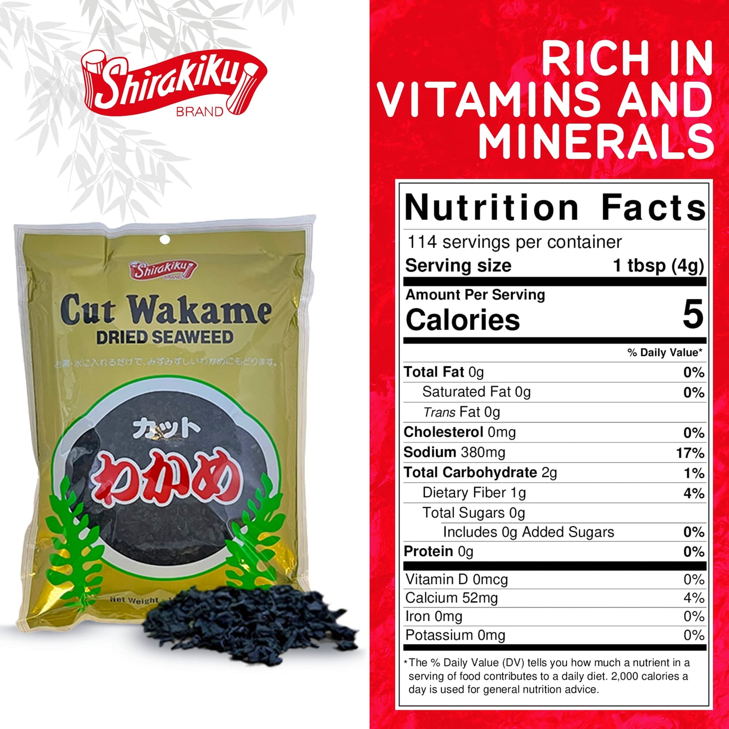 Shirakiku Cut Wakame Dried Seaweed - Dry Seaweed, Sea Kelp - Fresh Vegetables and Seaweed Chips for Miso Soup, Ramen, and Sushi - Pre-Cut, Resealable