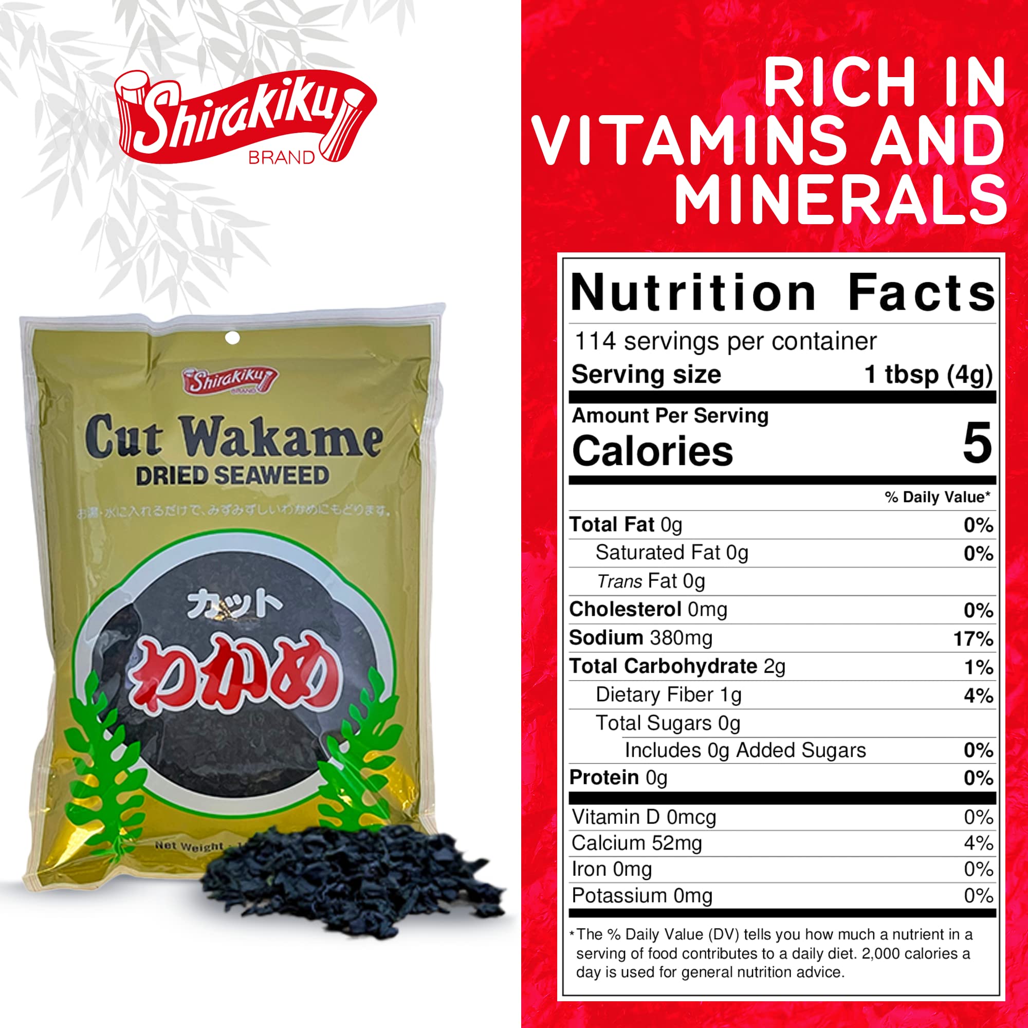 Shirakiku Cut Wakame Dried Seaweed - Dry Seaweed, Sea Kelp - Fresh Vegetables and Seaweed Chips for Miso Soup, Ramen, and Sushi - Pre-Cut, Resealable