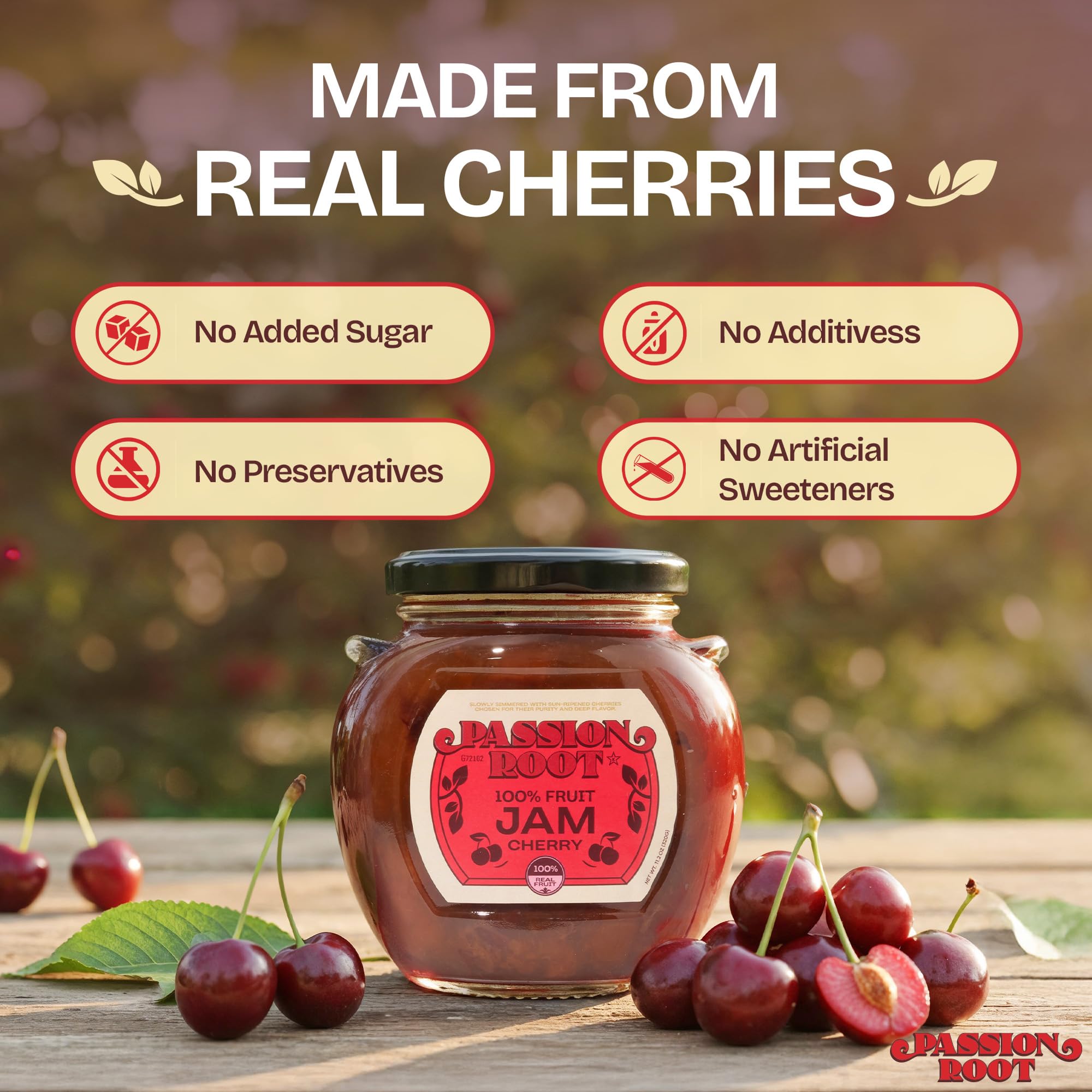 Passion Root Cherry Jam | All Natural Cherry Preserves with Real Fruit | No Added Sugar, No Preservatives, Non GMO, Gluten Free, Kosher Certified |