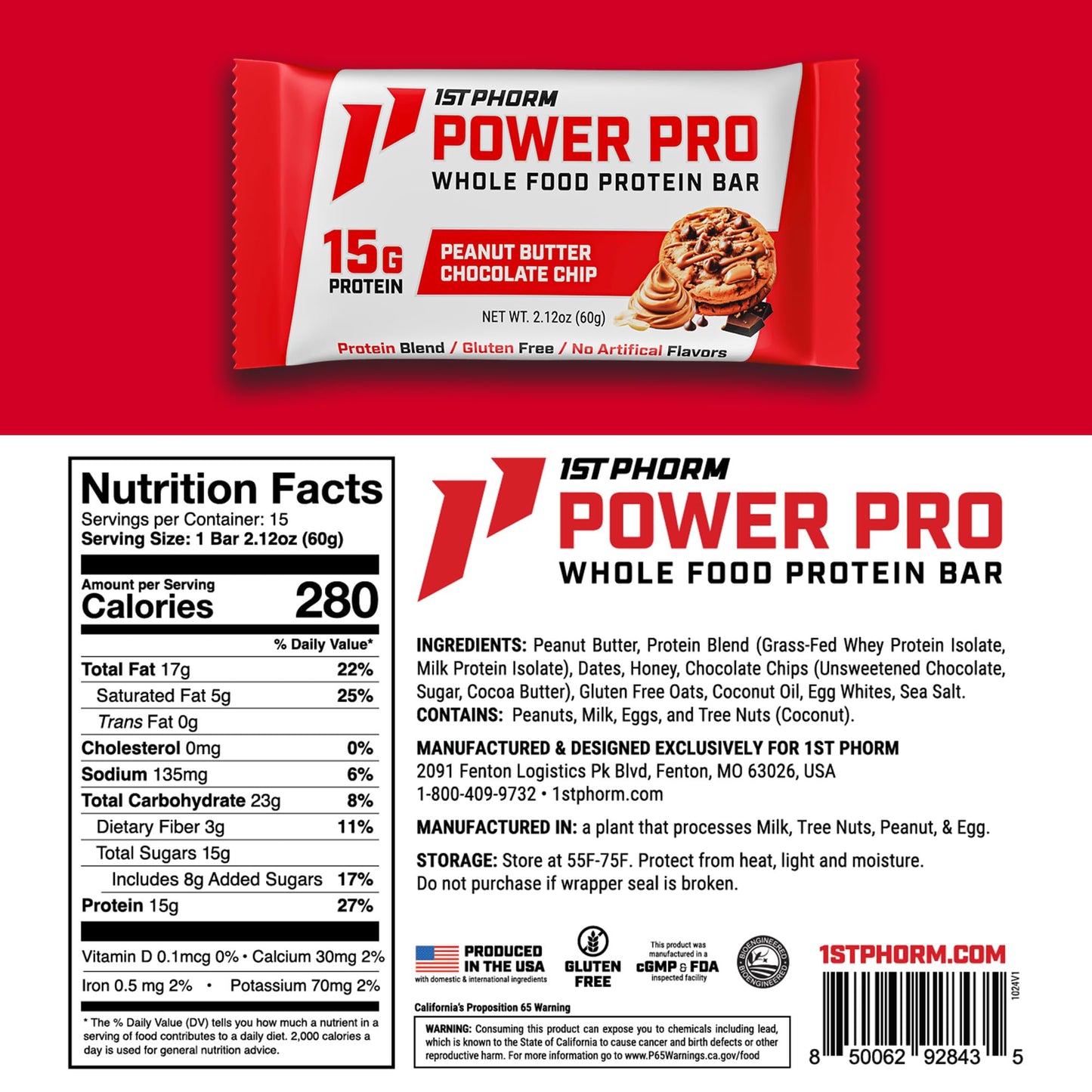 1st Phorm Power Pro Protein Bars, Peanut Butter Chocolate Chip Flavor, 15G Whole Food Protein, Gluten Free, Snack Bars for on the Go or Pantry Snacks
