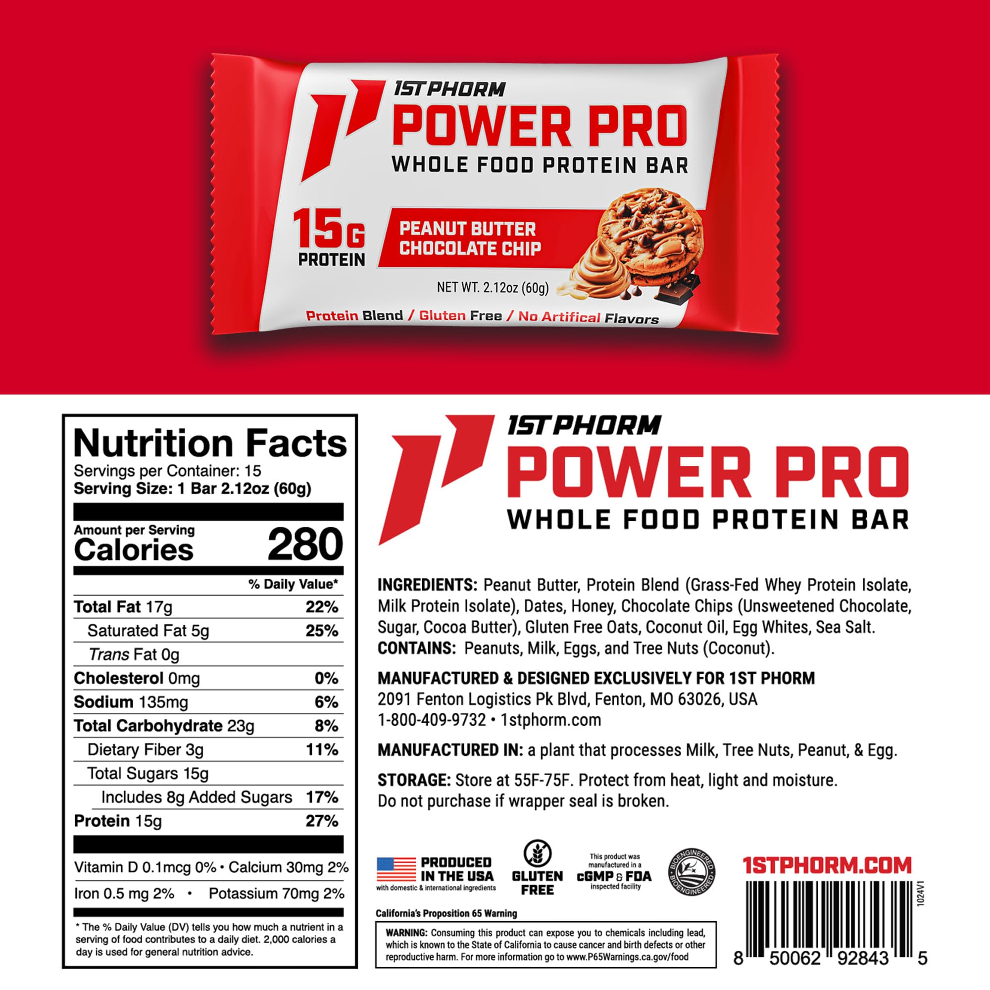 1st Phorm Power Pro Protein Bars, Peanut Butter Chocolate Chip Flavor, 15G Whole Food Protein, Gluten Free, Snack Bars for on the Go or Pantry Snacks