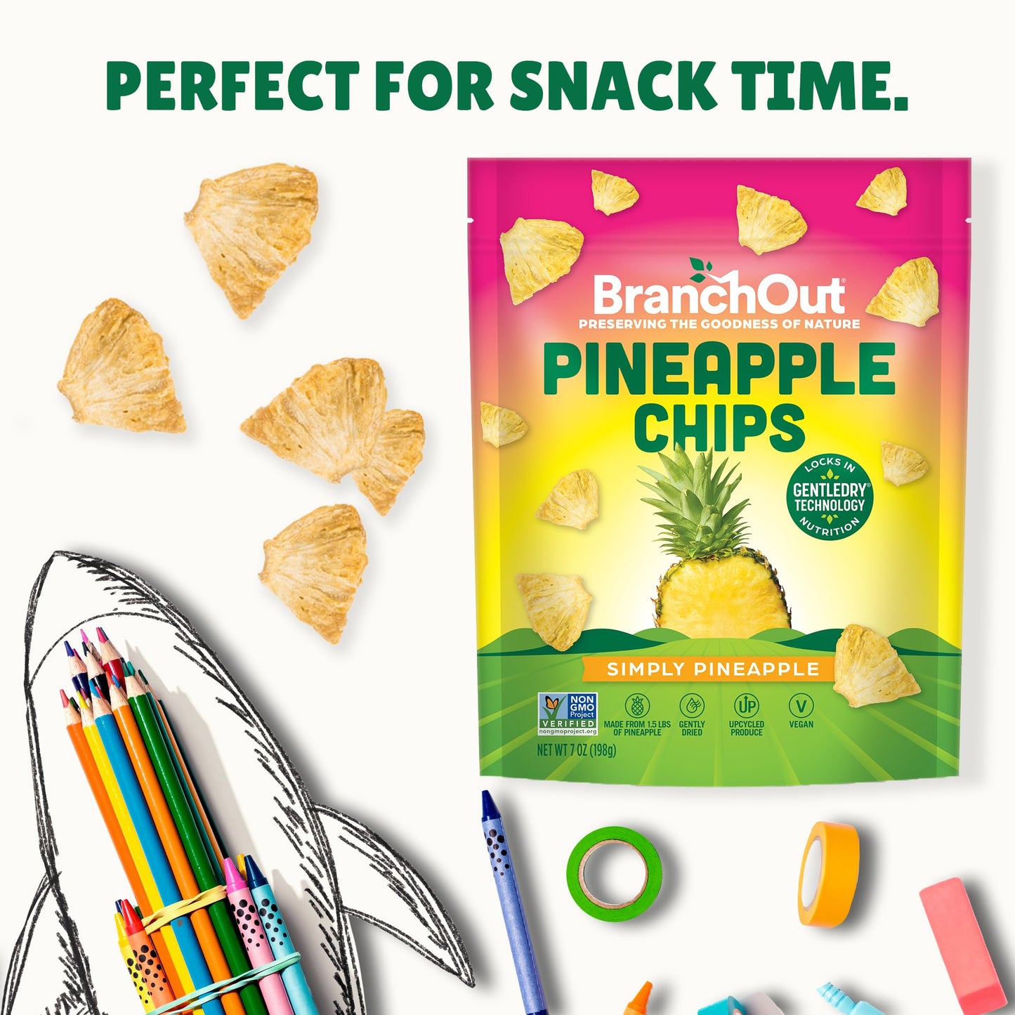 BranchOut Pineapple Chips, No Added Sugar, Real Dried Pineapple Chunks, 100% Fruit, Better than Freeze Dried Pineapple, Healthy Vegan Snacks for Kids