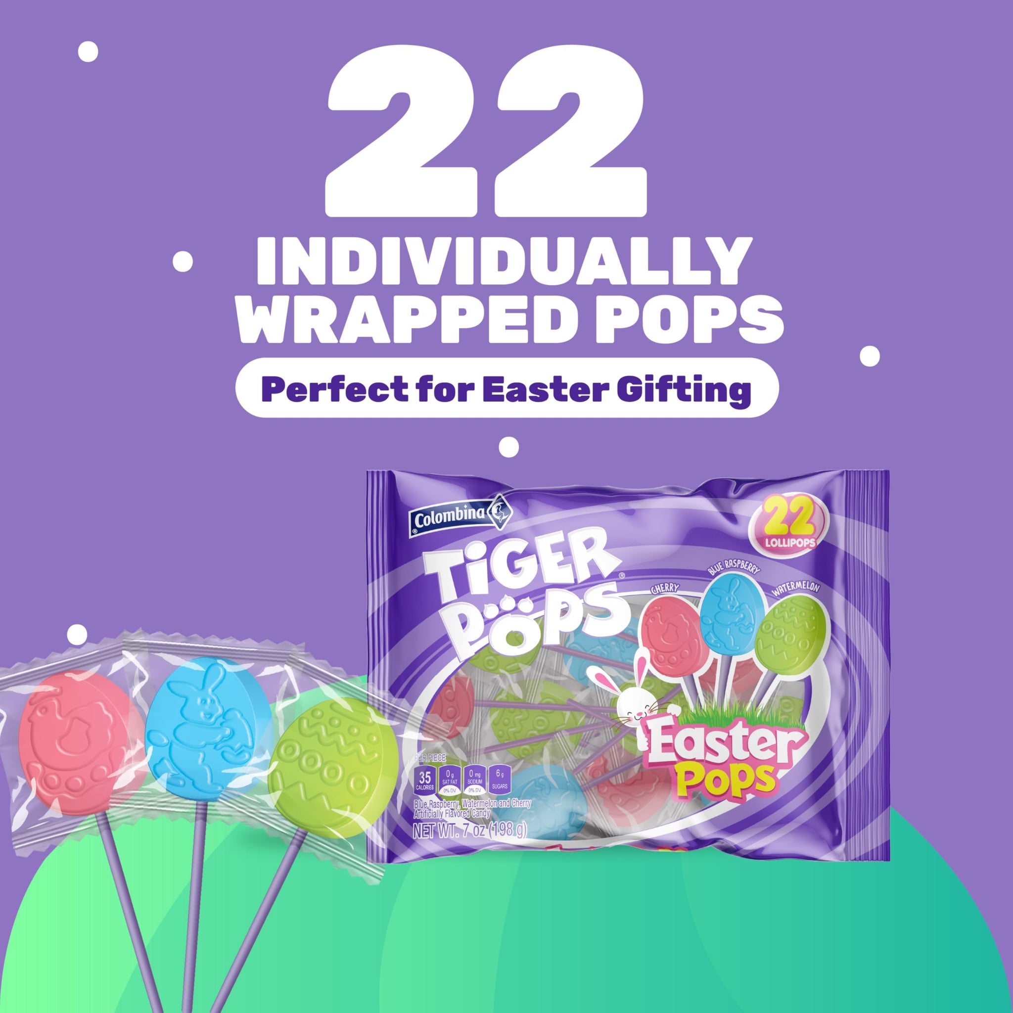 Colombina Tiger Easter Pops, Cherry, Blue Raspberry, and Watermelon Flavored, Individually Wrapped, Ideal for Easter Baskets or Eggfillers, 7oz (Pack