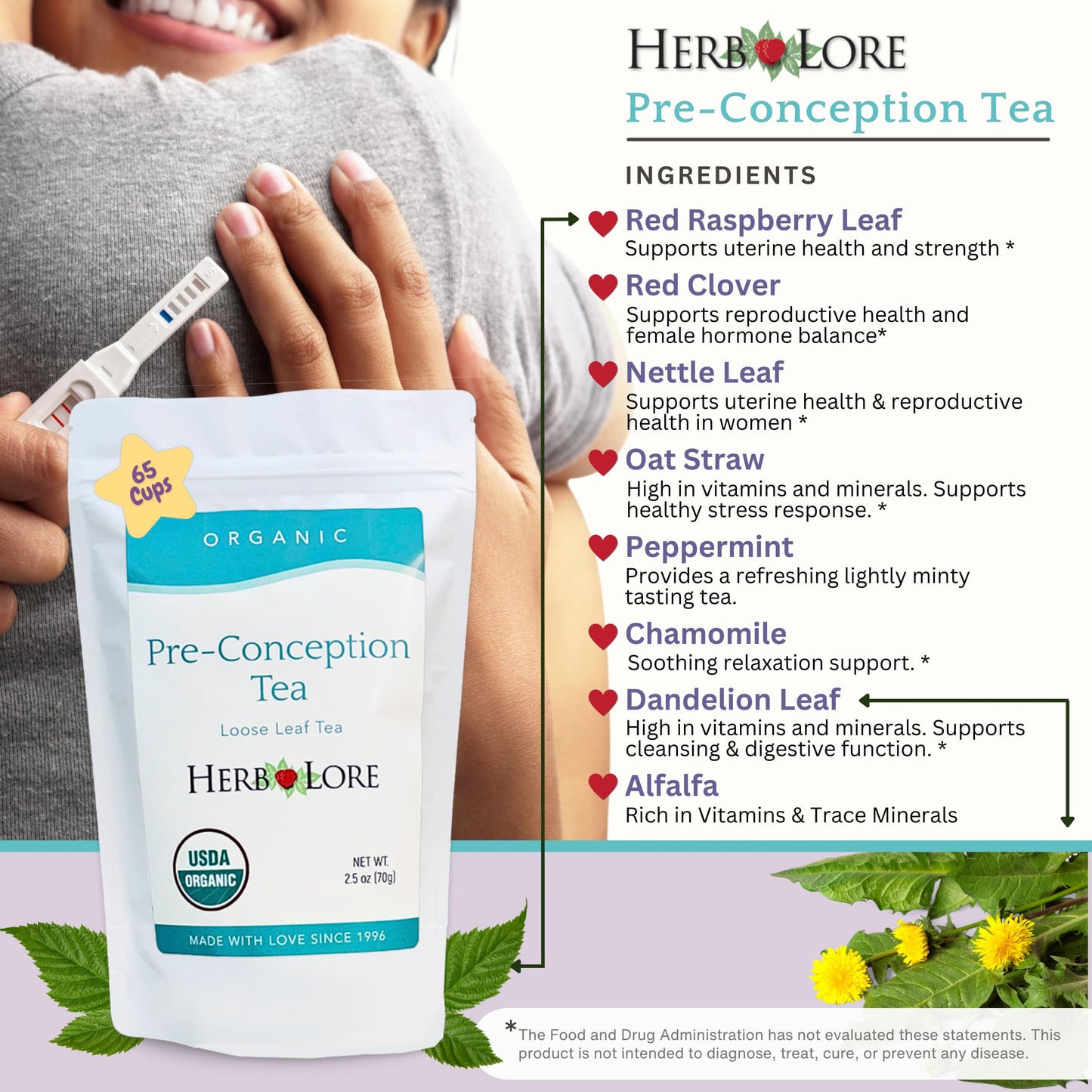 Herb Lore Organic Fertility Tea for Women - 65 Cups - Loose Leaf Pre Conception Tea with Red Raspberry Leaf for Prenatal Support