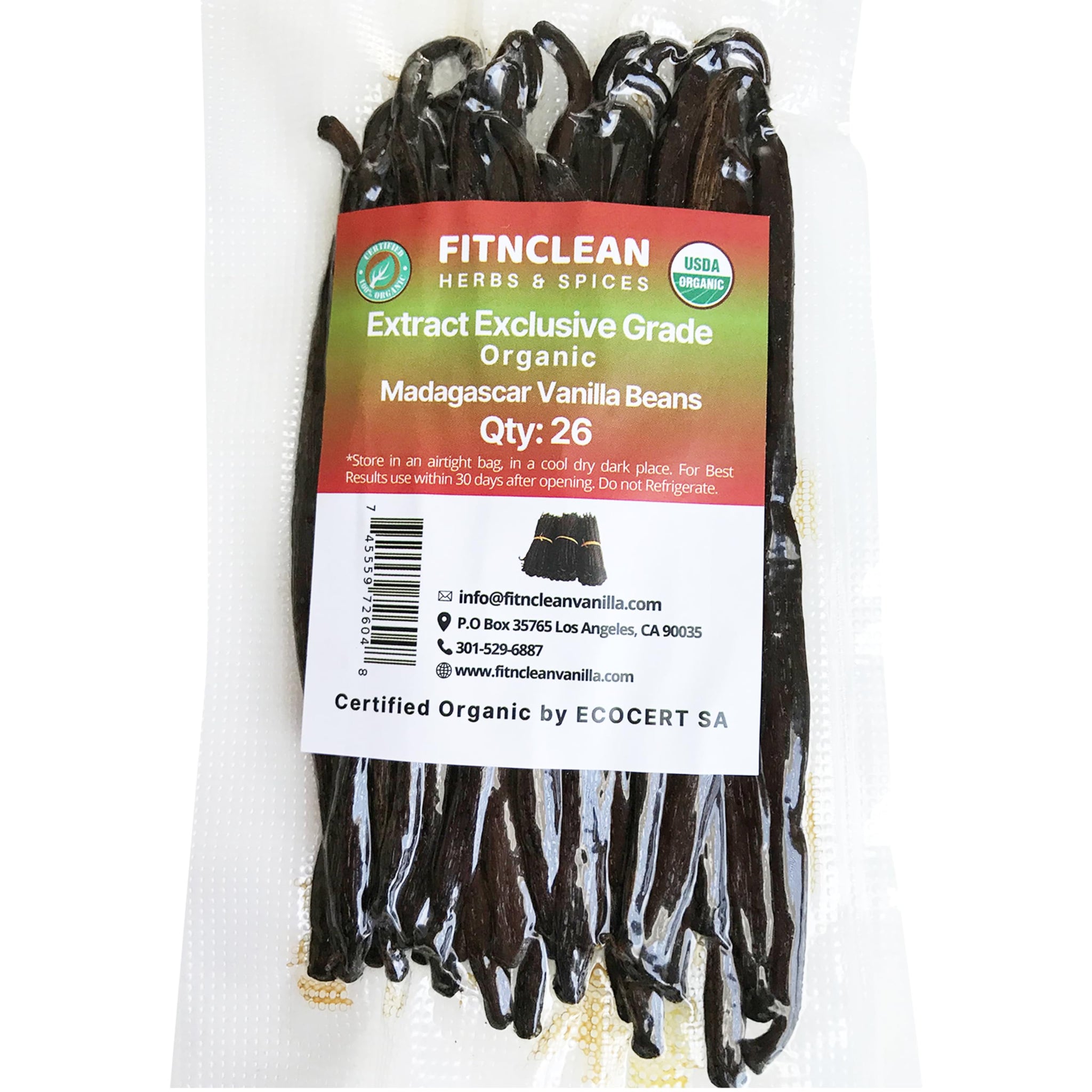 26 Organic Madagascar Vanilla Beans Extract Exclusive Grade B| 4.5" - 5.5" by FITNCLEAN VANILLA| Certified USDA Organic. Bulk Dry Whole Bourbon