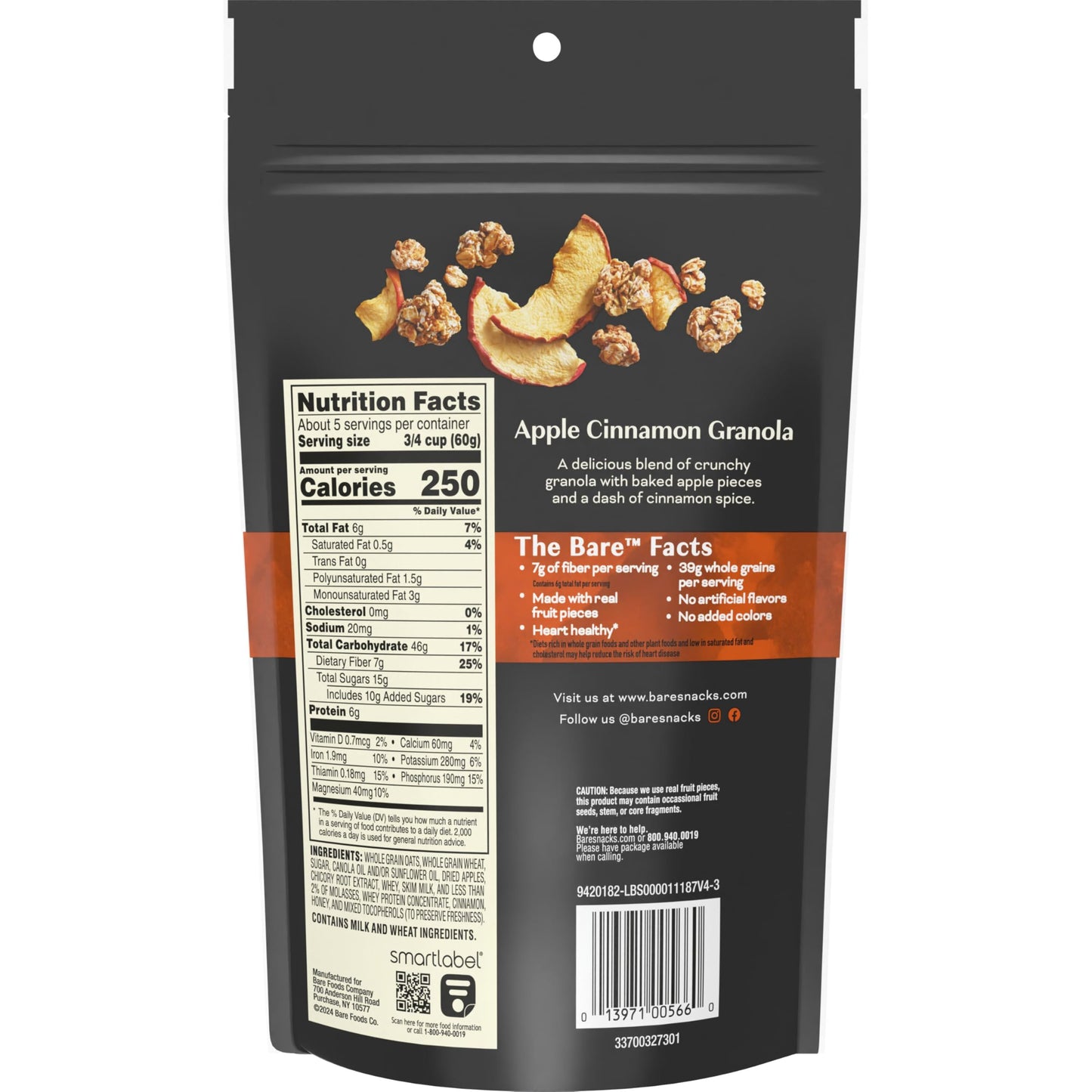 Bare Granola, Apple Cinnamon, 7g Fiber, Whole Grains, Heart Healthy, Real Fruit Pieces, 11 oz Bag