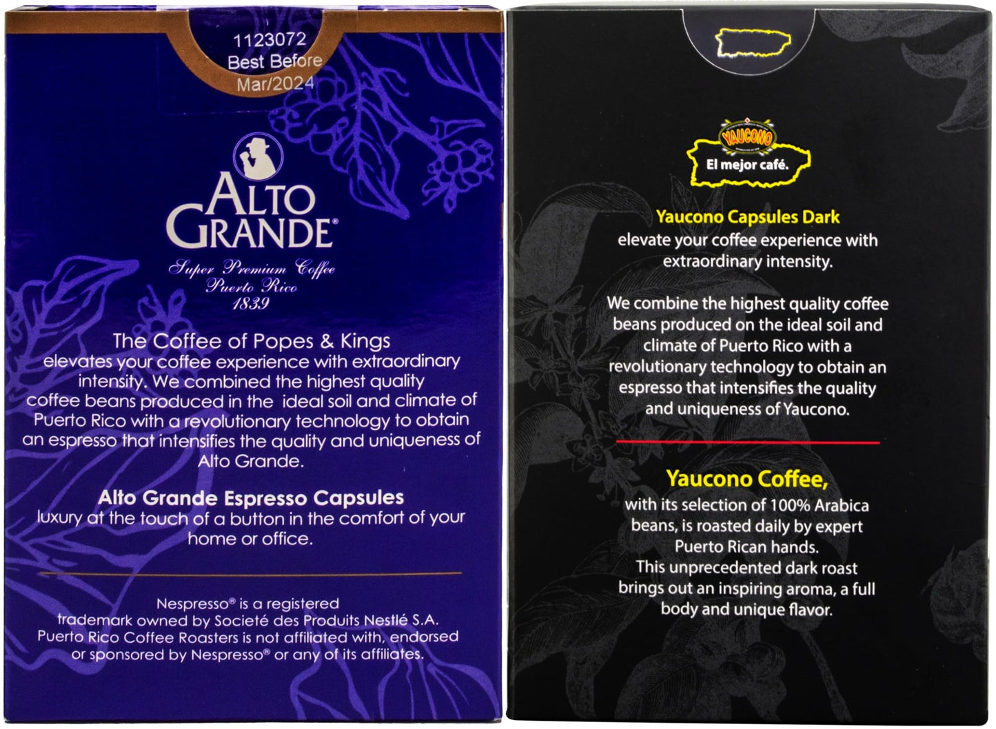 Alto Grande Super Premium and Yaucono 100 Percent Coffee From Puerto Rico Capsules Compatible with Nespresso Machines, 36 Count (18 Yaucono, 18 Alto