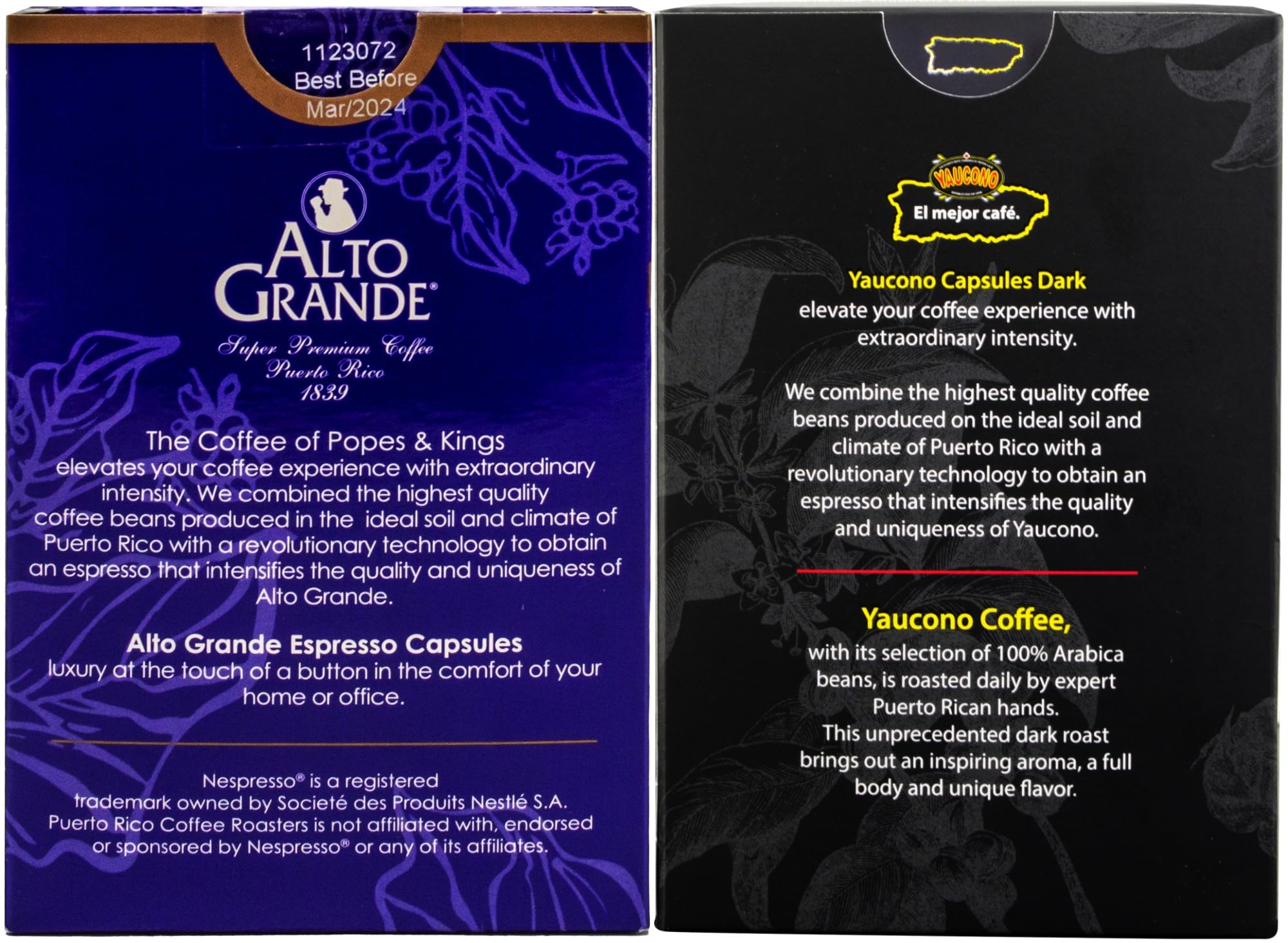 Alto Grande Super Premium and Yaucono 100 Percent Coffee From Puerto Rico Capsules Compatible with Nespresso Machines, 36 Count (18 Yaucono, 18 Alto