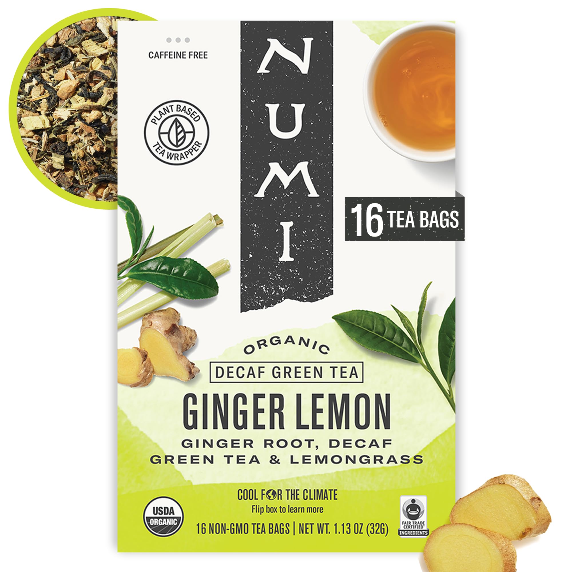 Numi Organic Ginger Lemon Decaf Tea, 16 Green Tea Bags, Micro-Plastic Free