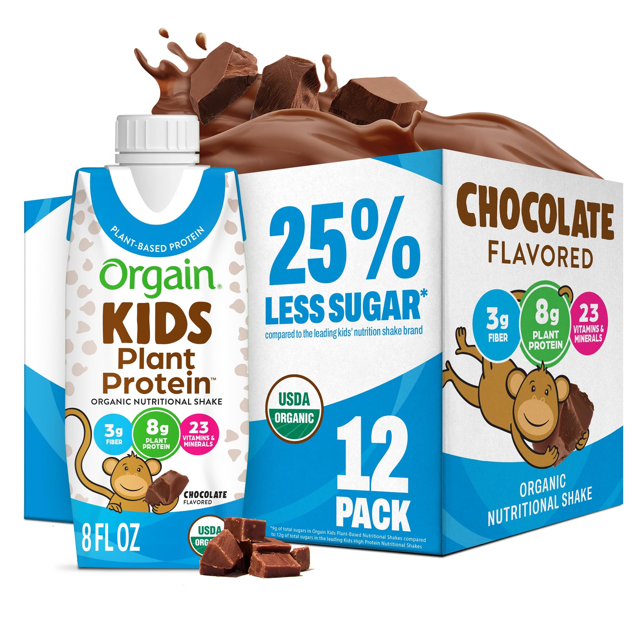Orgain Organic Kids Nutritional Vegan Protein Shakes, Chocolate - Healthy Kids Snacks, 8g Plant Protein, 23 Vitamins & Minerals, 3g Fiber, No Dairy