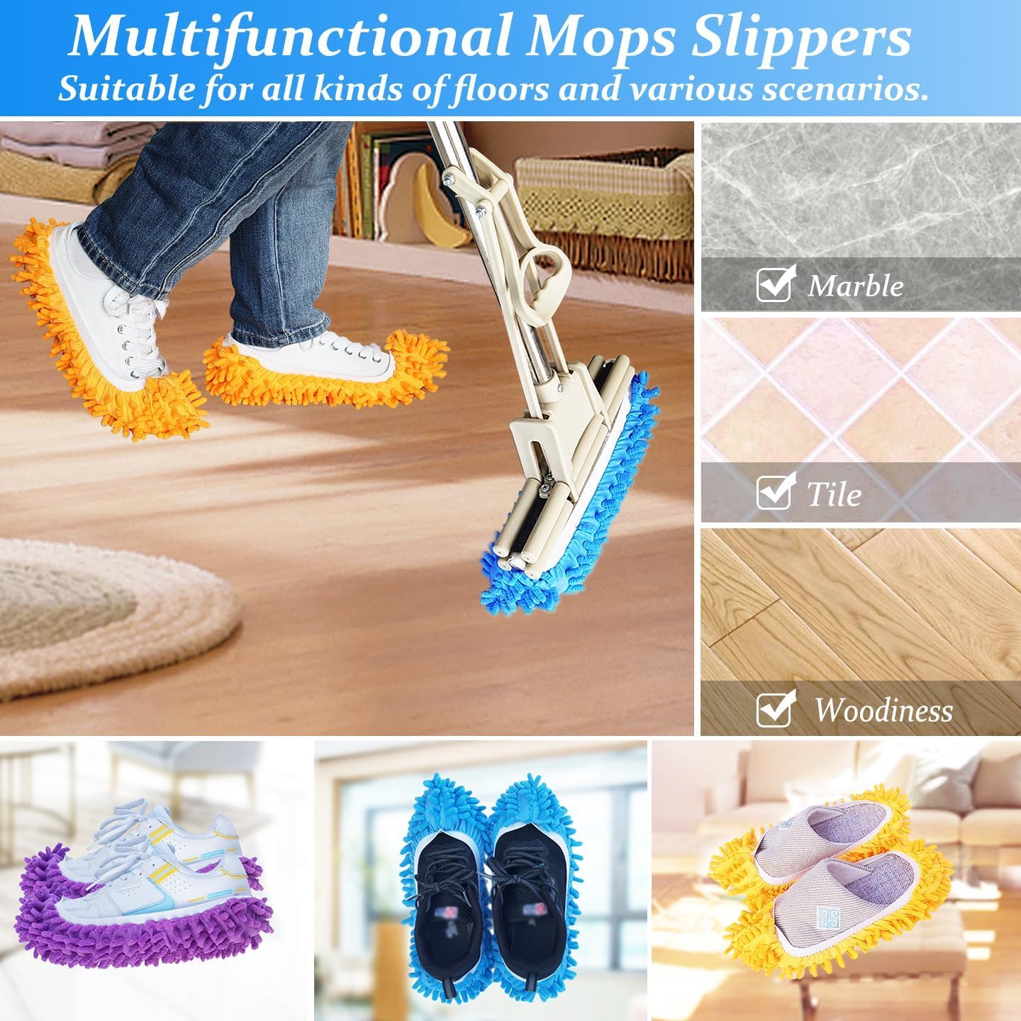 M-jump 8 PCS 4 Pairs Duster Mop Slippers Cover, Multi Function Chenille Fibre Washable Dust Mop Floor Cleaning Shoes for Bathroom, Office, Kitchen