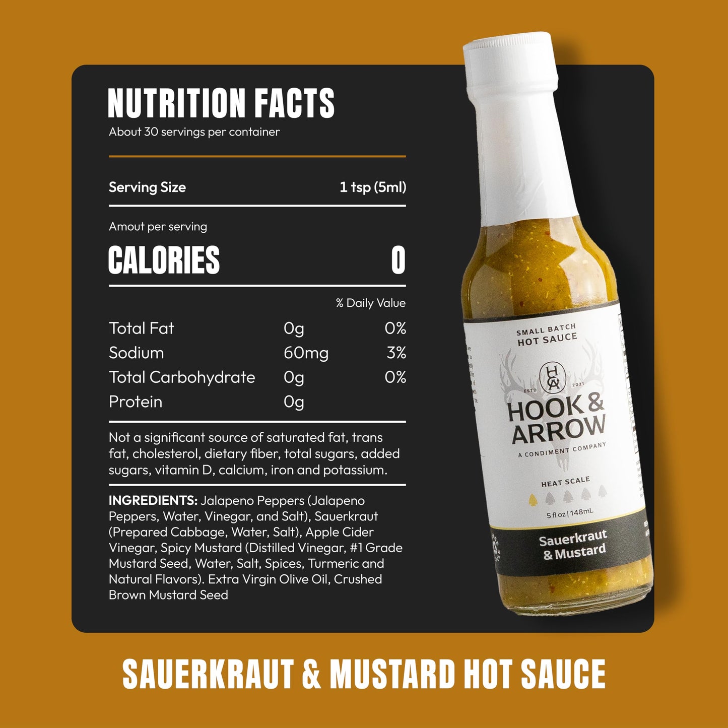 Hook & Arrow Sauerkraut & Mustard Hot Sauce - Low Sugar Mild Spicy Sauce with Brown Mustard, Gluten-Free, Vegan, Paleo (5 fl oz, 30 Servings)