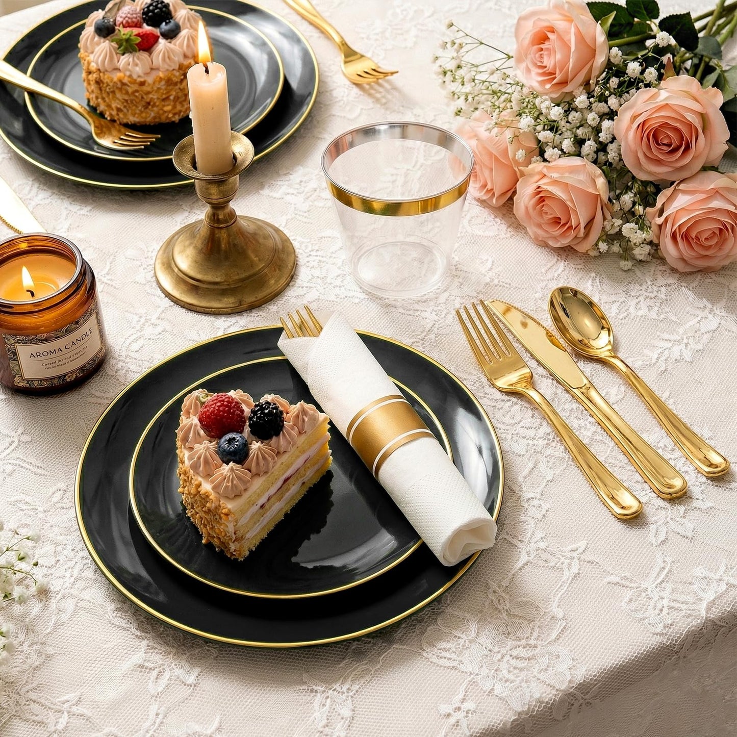 cheerserve 175pcs Plastic Dinnerware Set,Black and Gold Plastic Plates for 25 Guests Include 50 Elegant Plastic Plates,75 Plastic Silverware Set,25