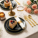 cheerserve 175pcs Plastic Dinnerware Set,Black and Gold Plastic Plates for 25 Guests Include 50 Elegant Plastic Plates,75 Plastic Silverware Set,25