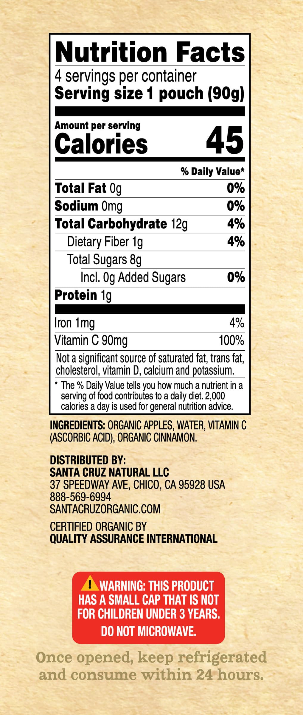 Santa Cruz ORGANIC Cinnamon Applesauce Pouch 3.2 Ounce (Pack of 4)